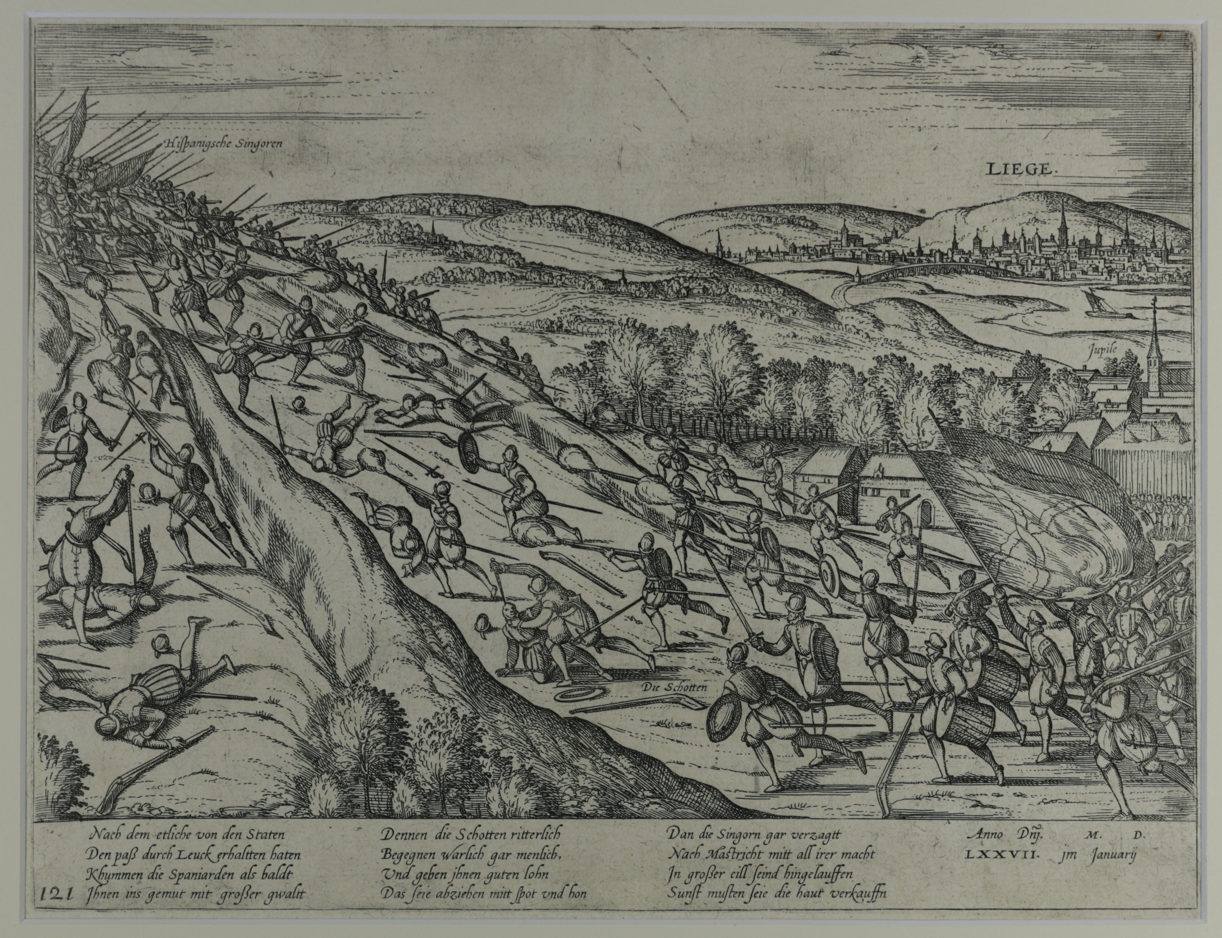 Kupferstich zur Niederlage der Spanier bei Lüttich im Januar 1577 (Hogenberg) (Städtisches Museum Schloss Rheydt CC BY)