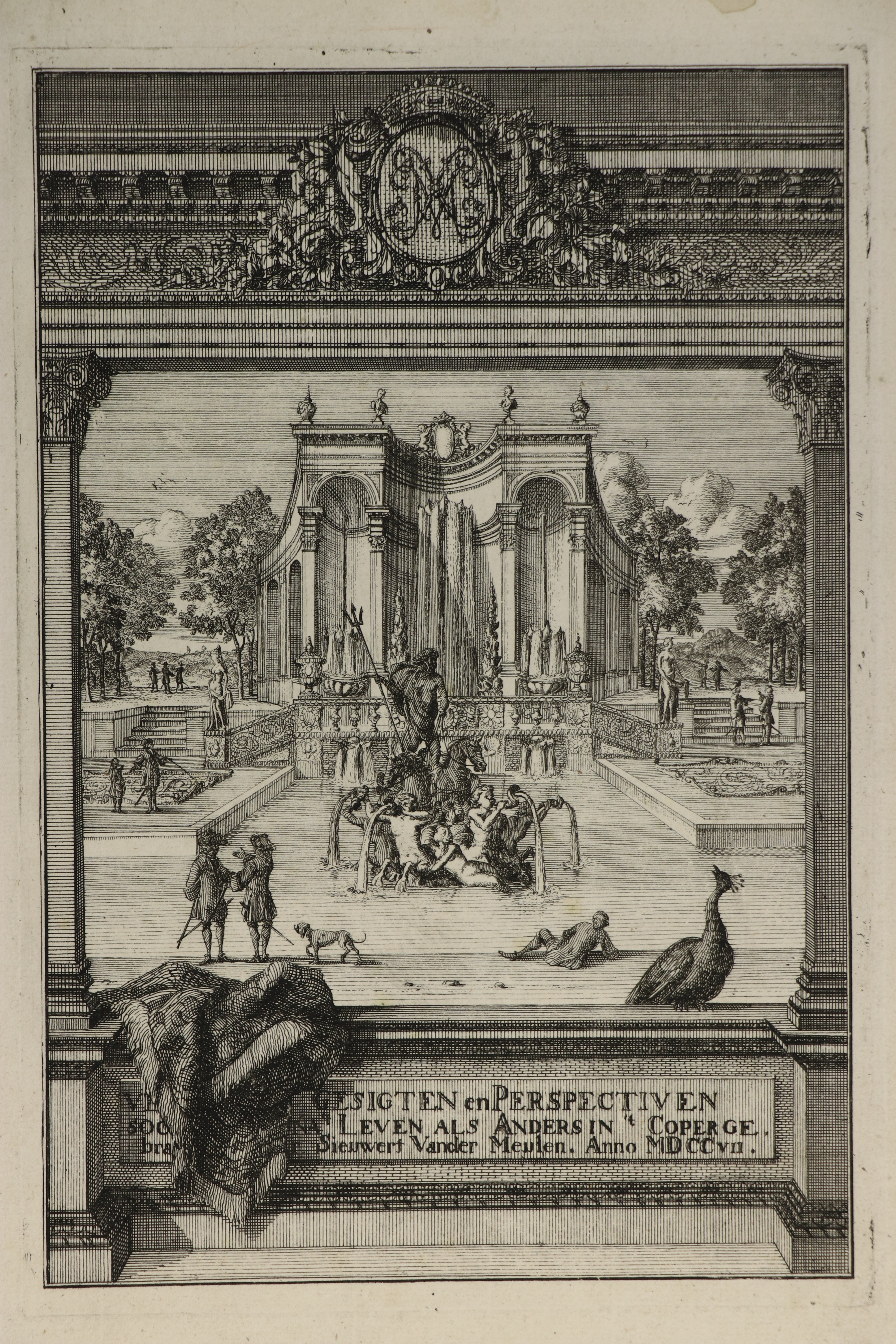 Titelblatt zur Folge "Gartenarchitektur", van der Meulen, 1707 (Städtisches Museum Schloss Rheydt CC BY)