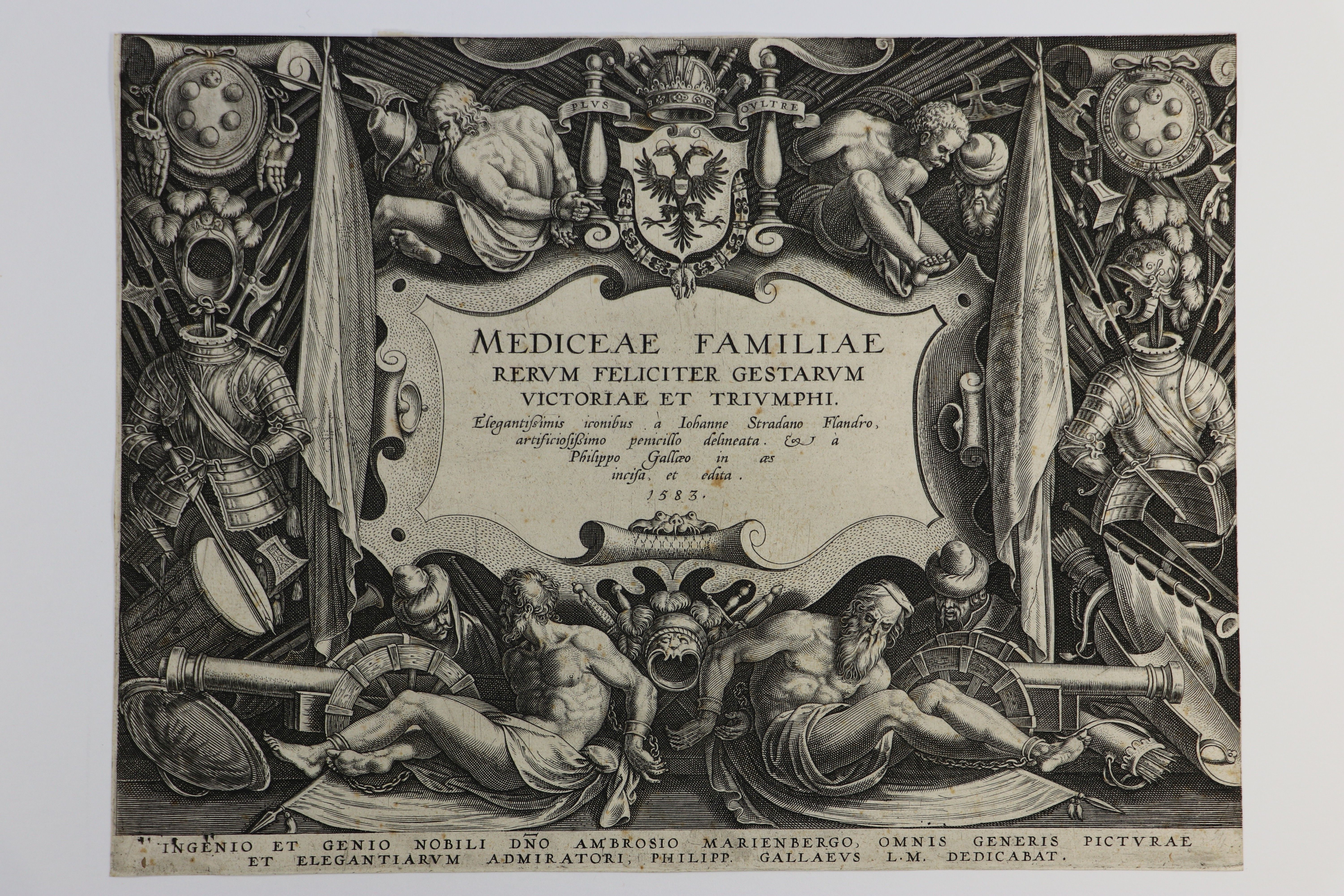 Johannes Stradanus (1523-1605)/Phillip Galle (1537-1612), Titelblatt zu den "Waffentaten der Medici", 1583 (Städtisches Museum Schloss Rheydt CC BY)