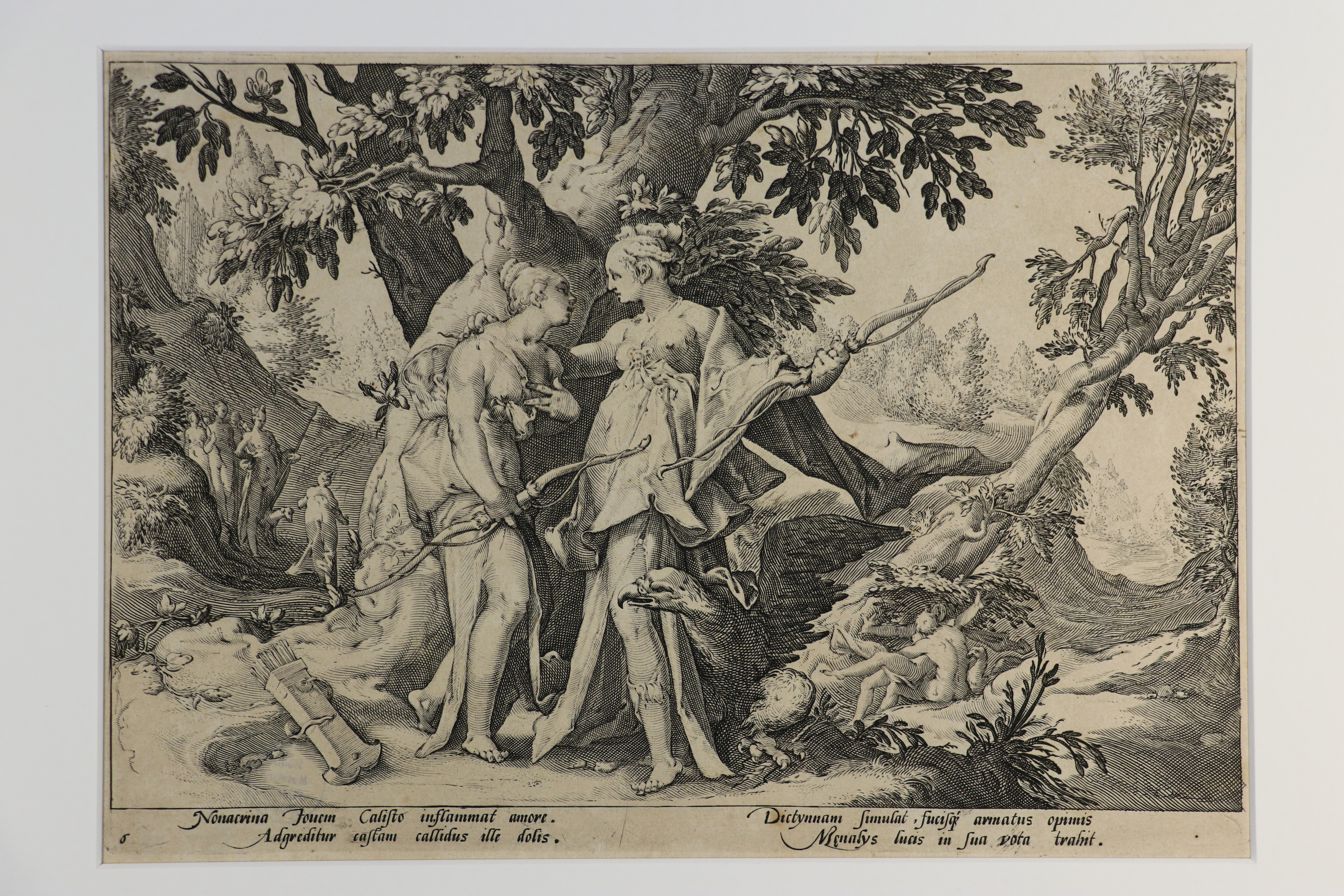 Hendrick Goltzius (1558-1617), Jupiter naht sich der Kallisto in der Gestalt der Diana, Blatt zur Serie der "Metamorphosen des Ovid", nach 1590 (Städtisches Museum Schloss Rheydt CC BY)