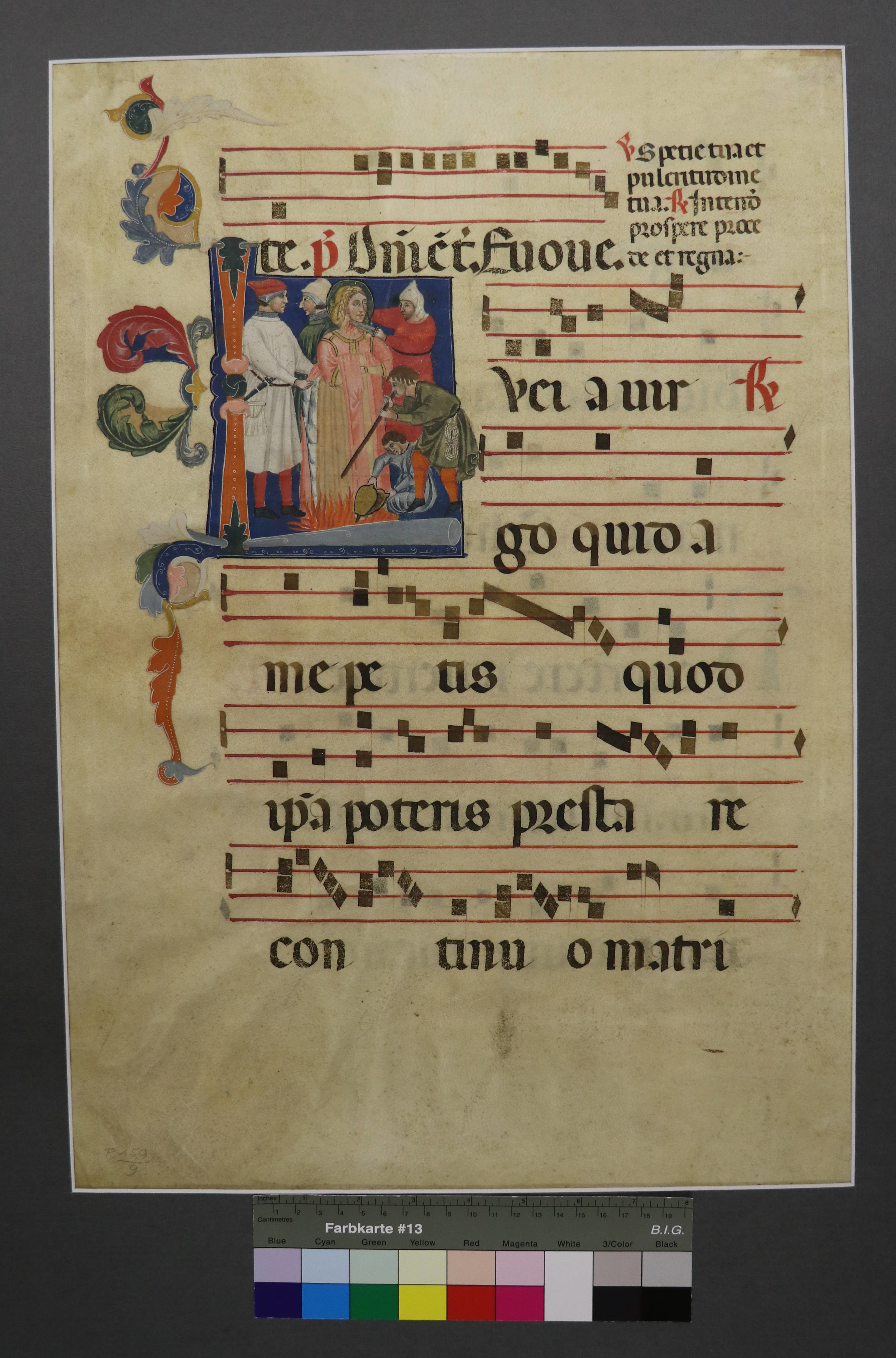 "Martyrium der Heiligen Lucia", Einzelblatt mit Miniatur aus einem italienischen Antiphonar, um 1400 (Städtisches Museum Schloss Rheydt CC BY)