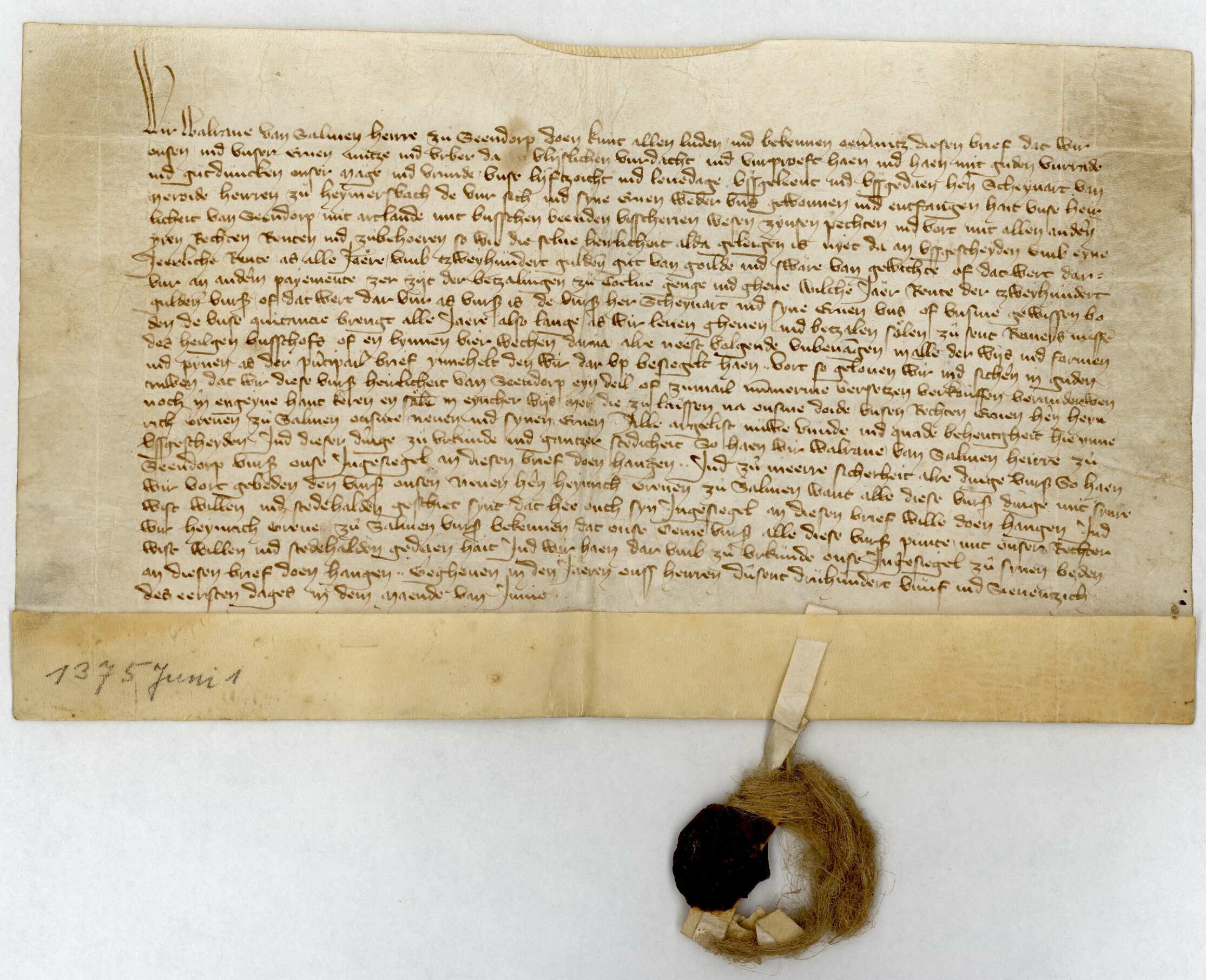 Urkunde des Verkaufs der Herrschaft Sindorf im Jahr 1375 (Stadtarchiv Kerpen CC BY-NC-SA)