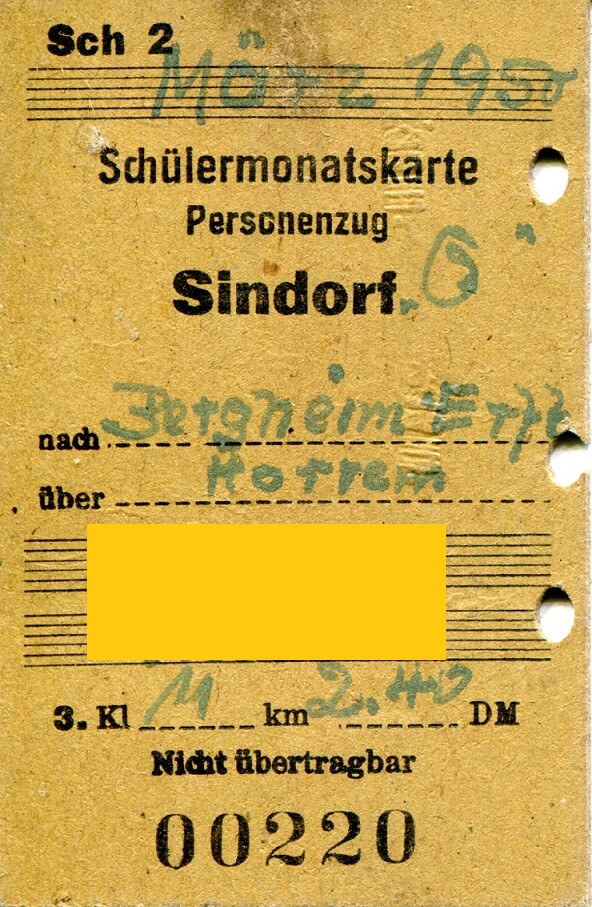 Eisenbahn | Schülermonatskarte | 1950 (Heimatmuseum Sindorf CC BY-NC-SA)