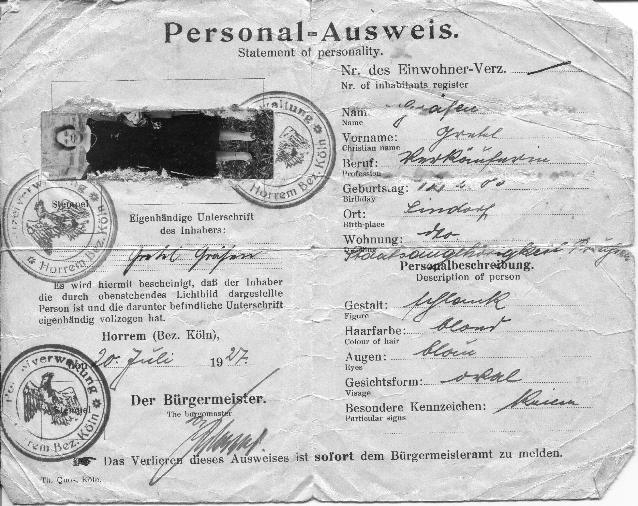 Ausweise | Personal-Ausweis | 1927 (Heimatmuseum Sindorf CC BY-NC-SA)