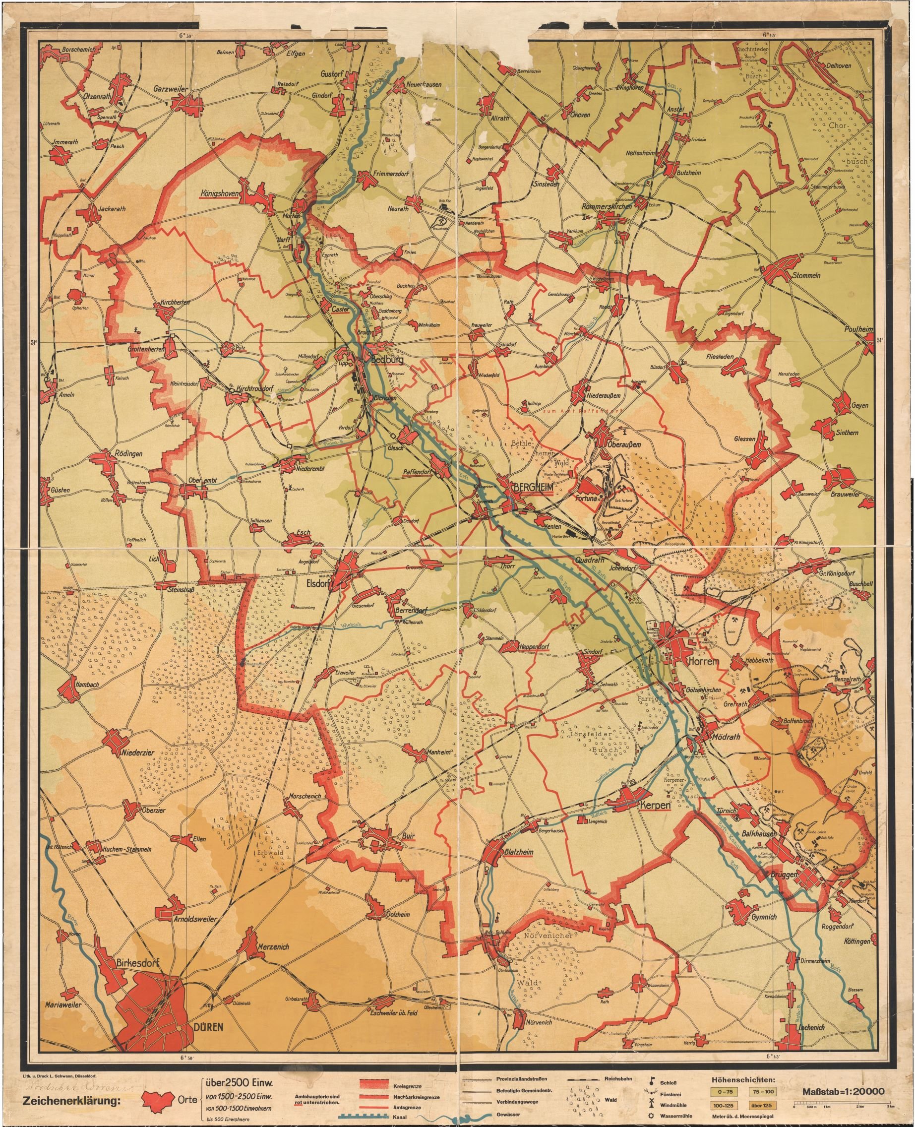 Schulkarte | Kreis Bergheim | circa 1935 (Stadtarchiv Kerpen CC BY-NC-SA)