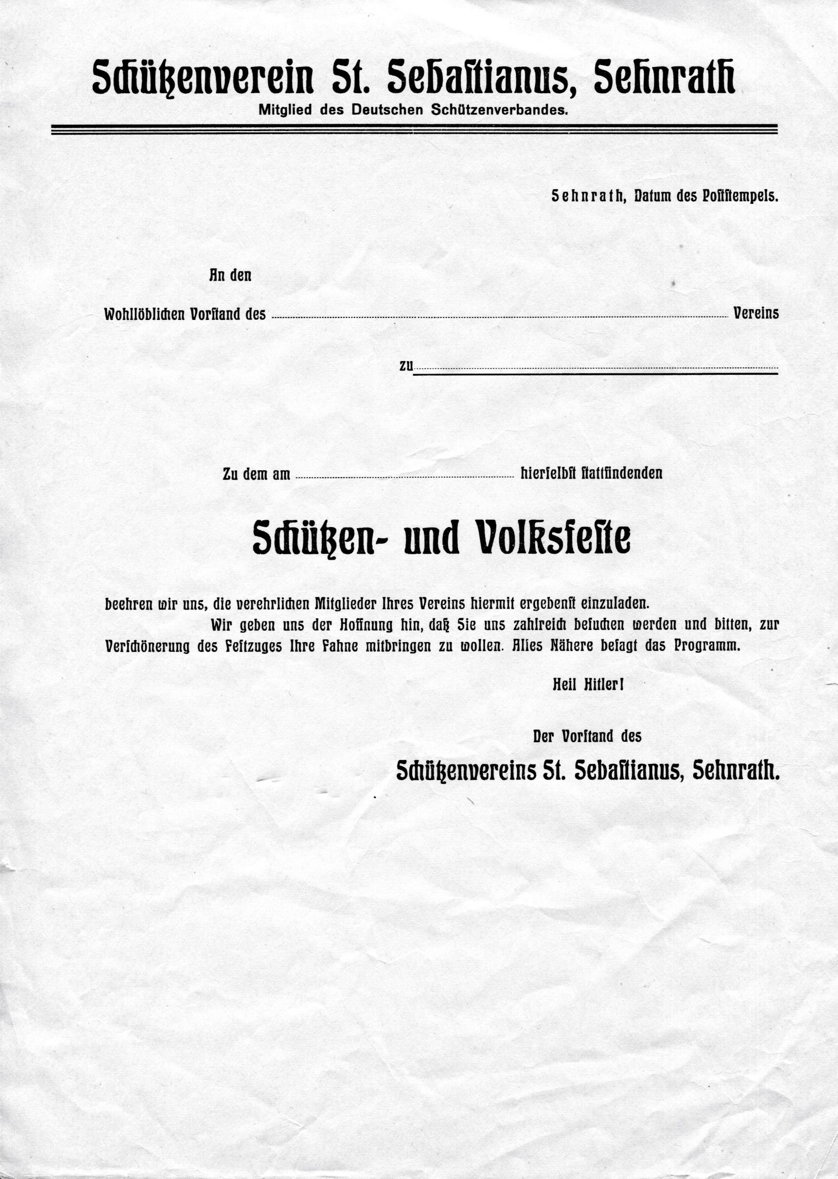 Schützen | Sebastianusschützen | Einladung zum Schützen- und Volksfeste | 1933-1945 (Heimatmuseum Sindorf CC BY-NC-SA)