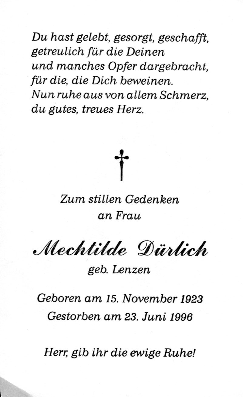 Totenzettel | Mechtilde Dürlich (Heimatmuseum Sindorf CC BY-NC-SA)