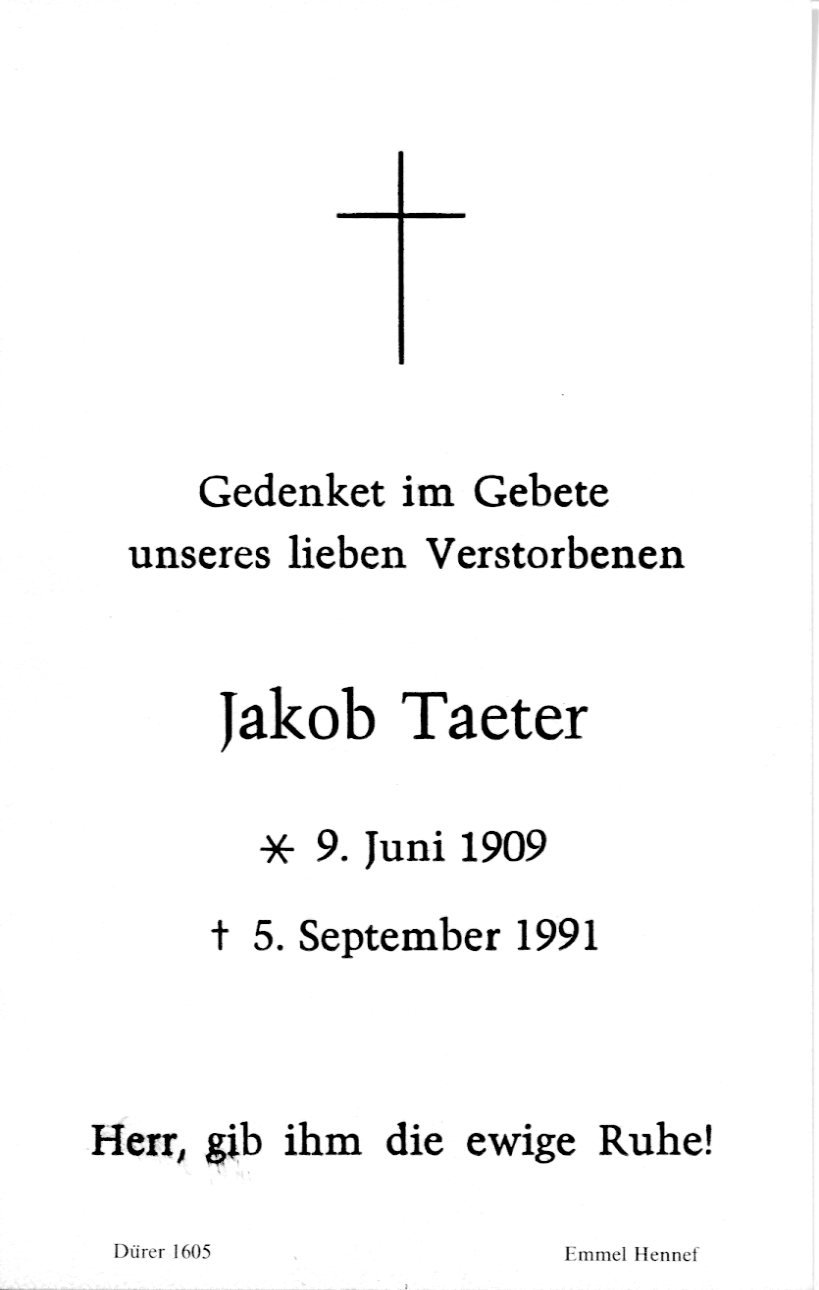 Totenzettel | Jakob Taeter (Heimatmuseum Sindorf CC BY-NC-SA)