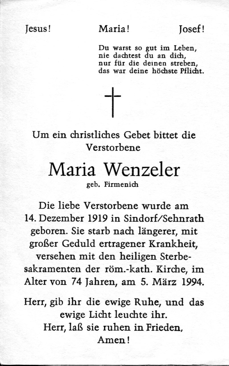 Totenzettel | Maria Wenzeler (Heimatmuseum Sindorf CC BY-NC-SA)