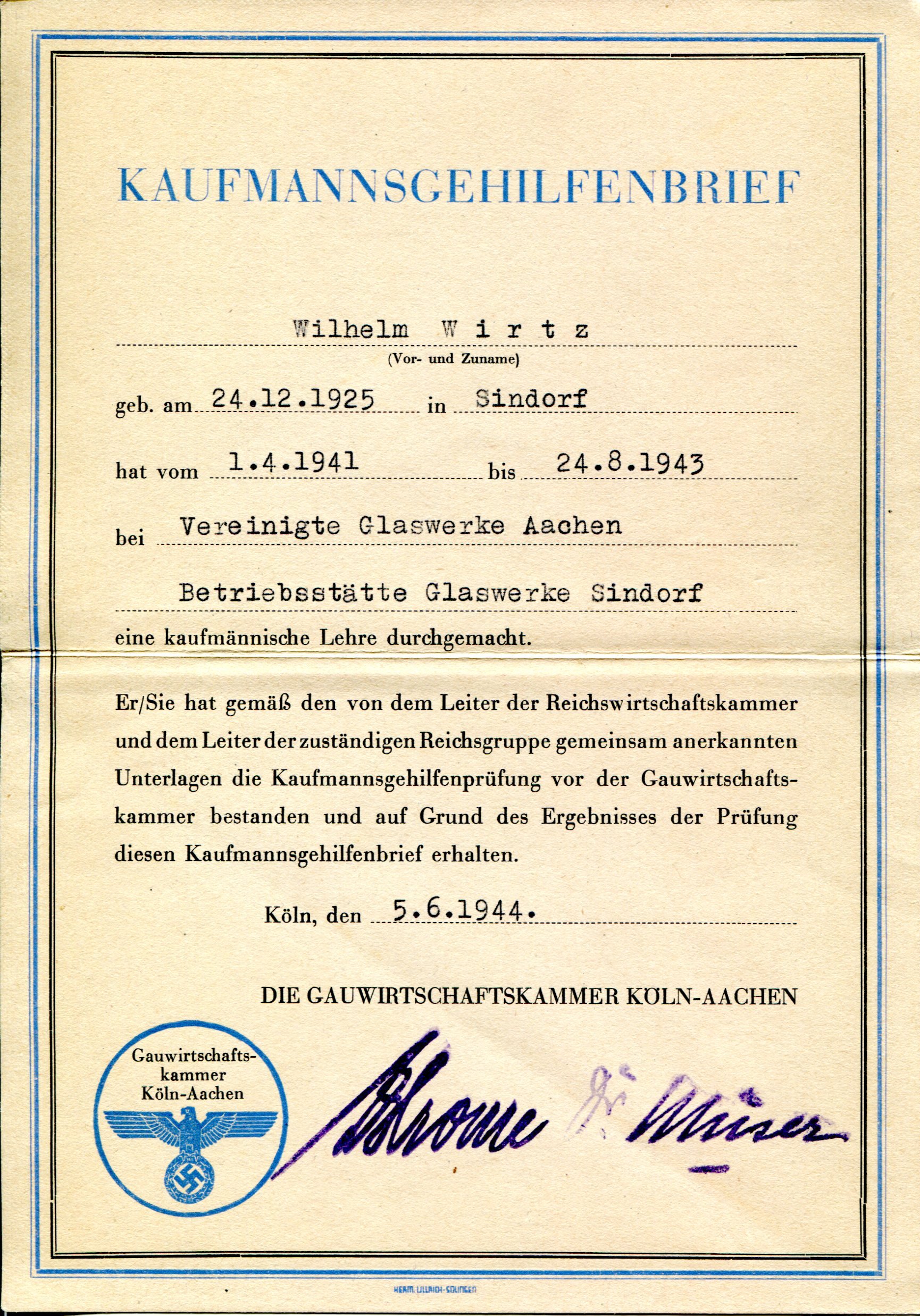 Kaufmannsgehilfenbrief | Wilhelm Wirtz | 1944 (Heimatmuseum Sindorf CC BY-NC-SA)