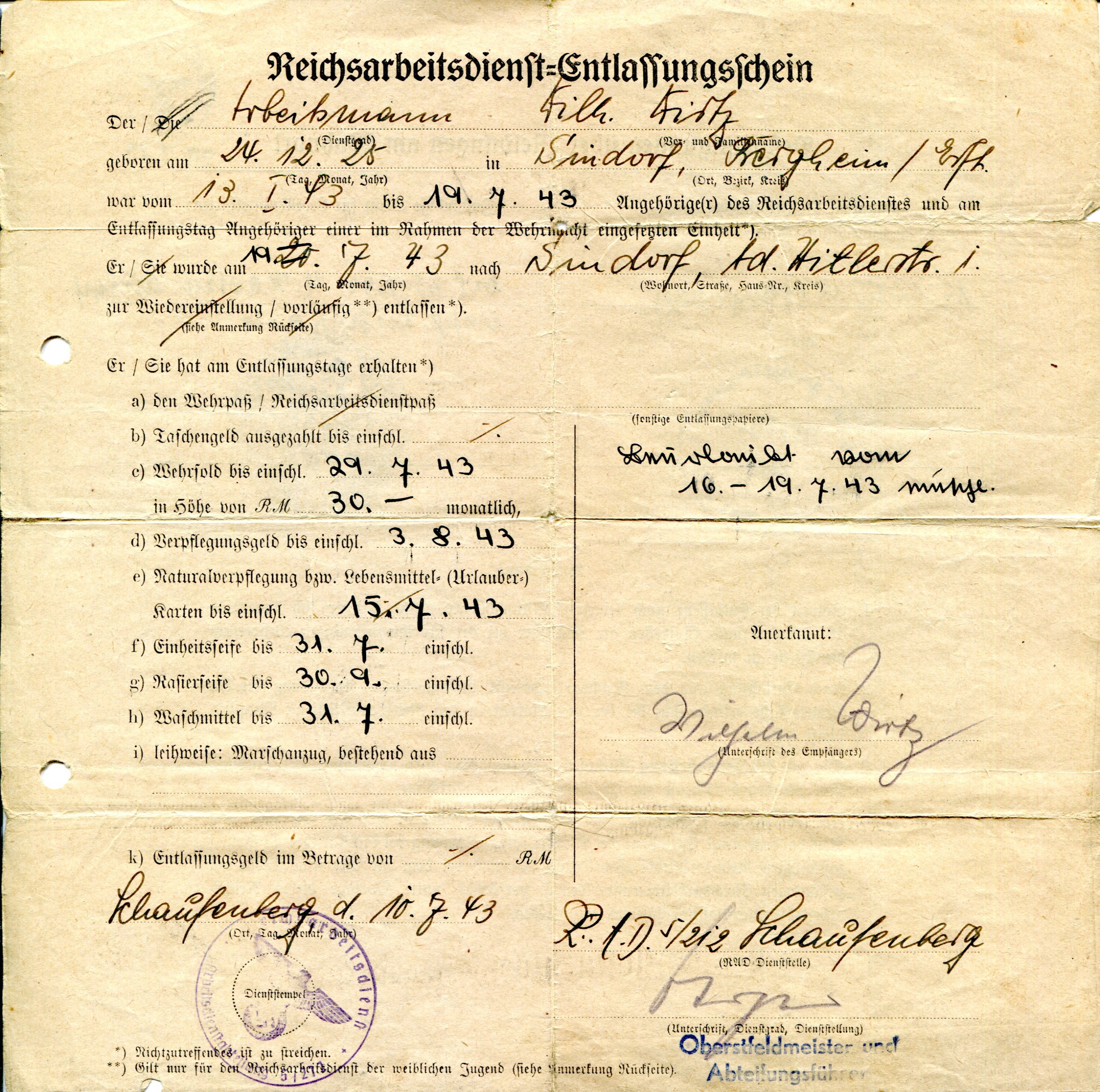 Reichsentlassungsschein | Wilhelm Wirtz | 1943 (Heimatmuseum Sindorf CC BY-NC-SA)