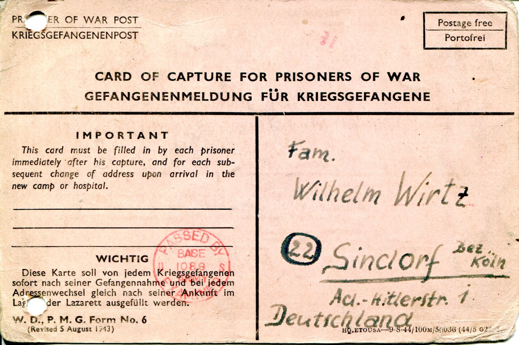 Gefangenenmeldung für Kriegsgefangene | Wilhelm Wirtz | 1944 (Heimatmuseum Sindorf CC BY-NC-SA)