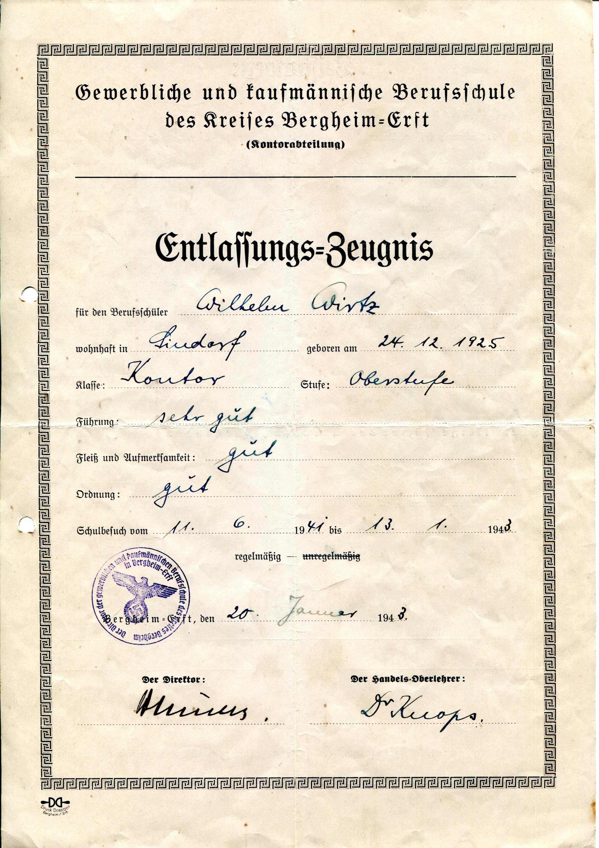 Entlassungszeugnis | Berufsschule | Wilhelm Wirtz | 1943 (Heimatmuseum Sindorf CC BY-NC-SA)