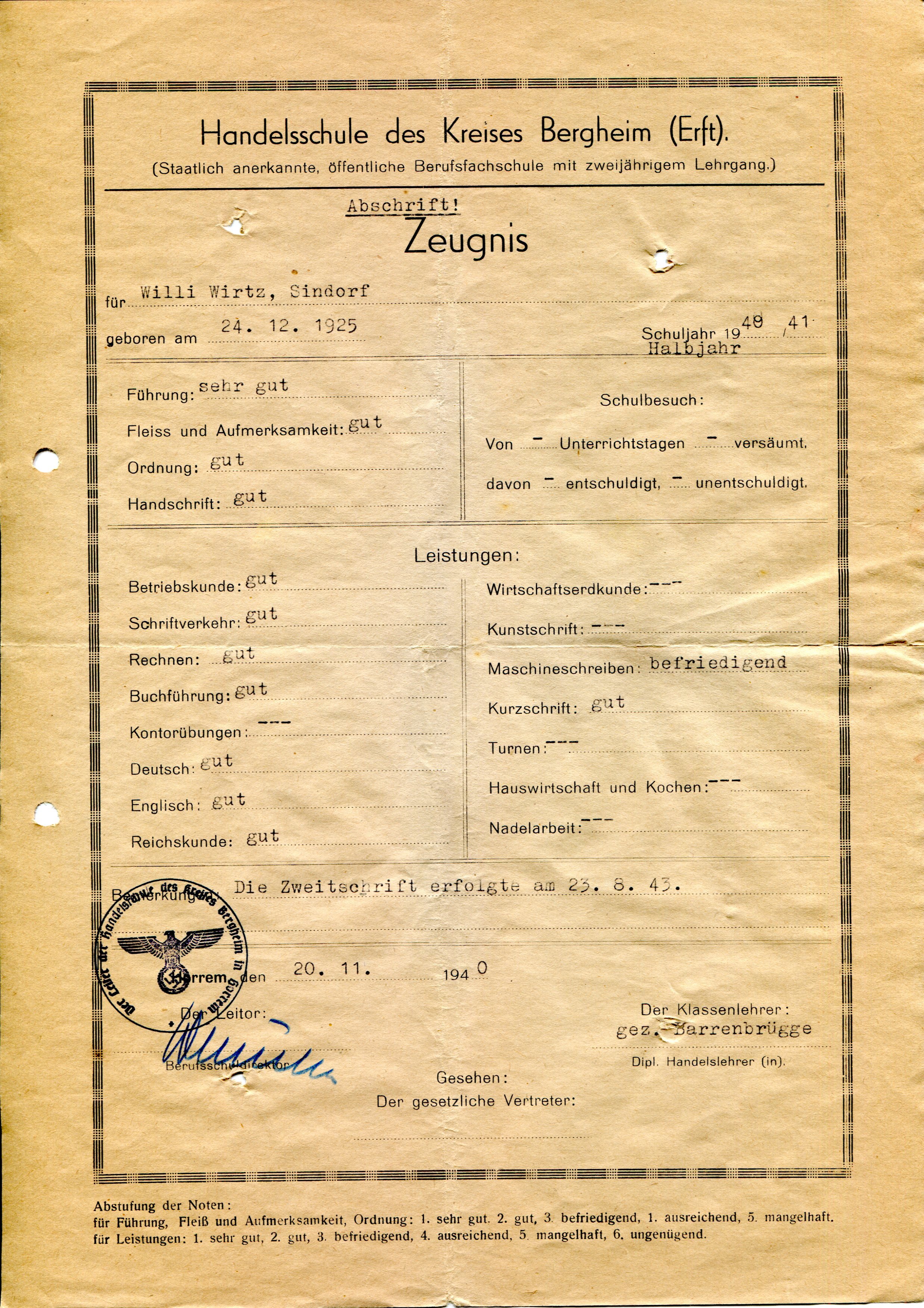 Entlassungszeugnis | Handelsschule | Wilhelm Wirtz | 1940/1941 (Heimatmuseum Sindorf CC BY-NC-SA)