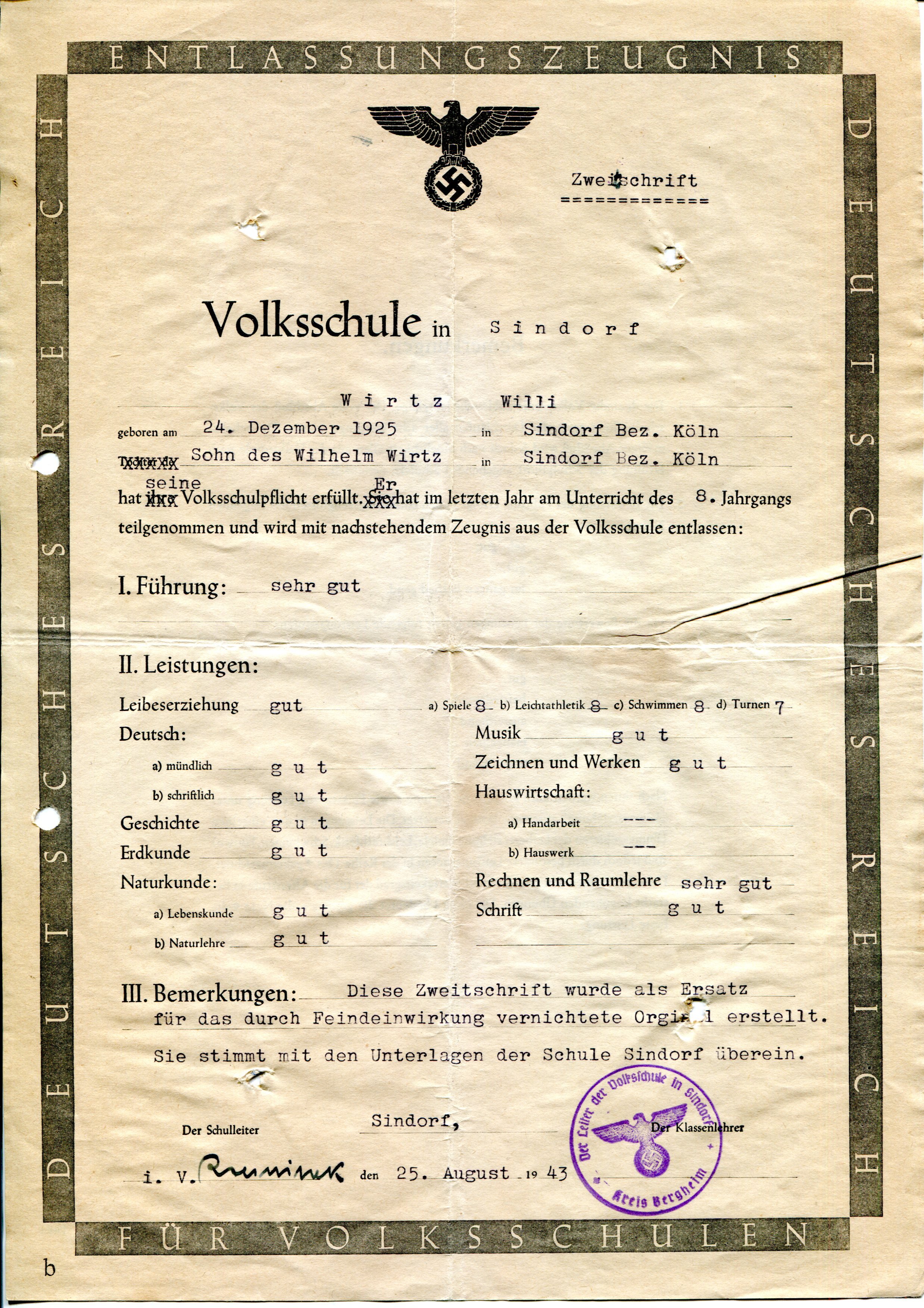Entlassungszeugnis | Volksschule | Wilhelm Wirtz | 1940 (Heimatmuseum Sindorf CC BY-NC-SA)