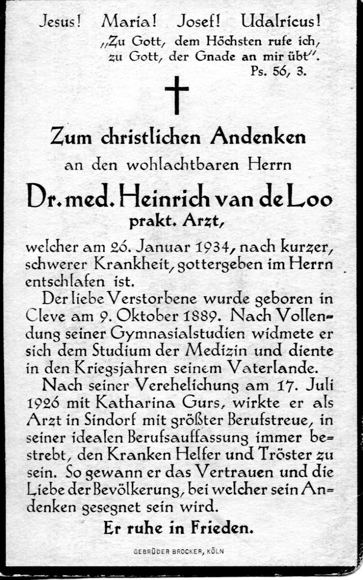 Totenzettel | Dr. med. Heinrich van de Loo (Heimatmuseum Sindorf CC BY-NC-SA)