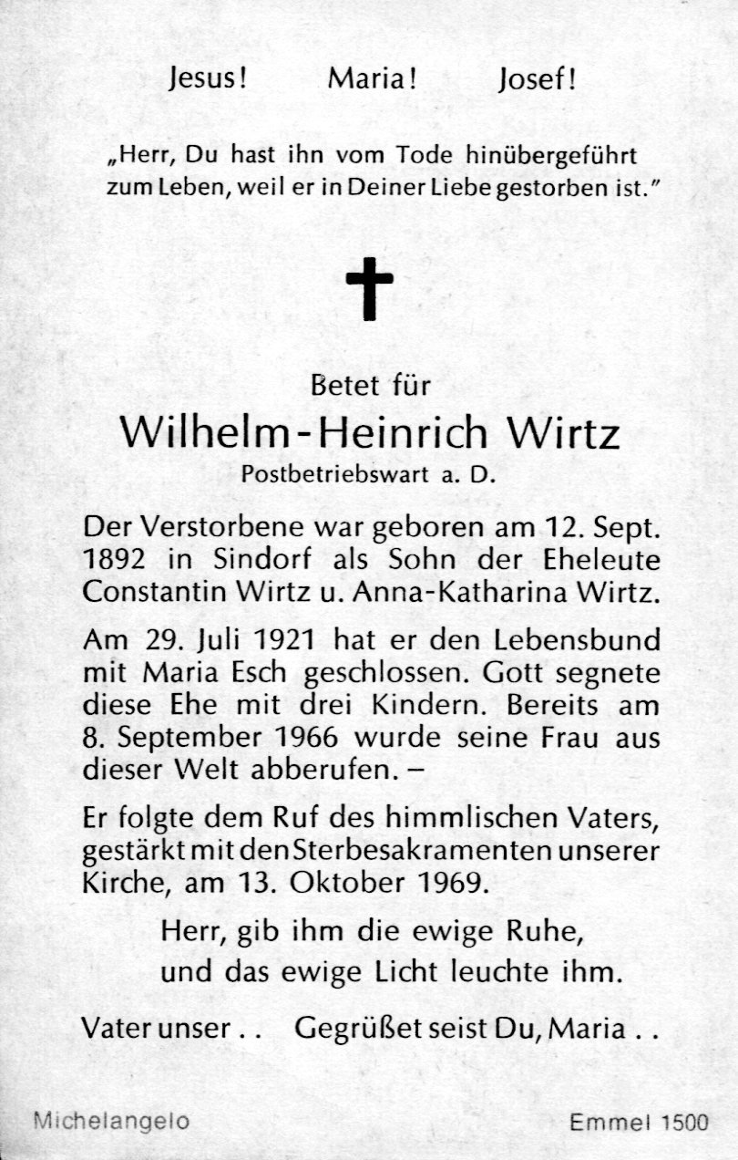 Totenzettel | Wilhelm-Heinrich Wirtz (Heimatmuseum Sindorf CC BY-NC-SA)