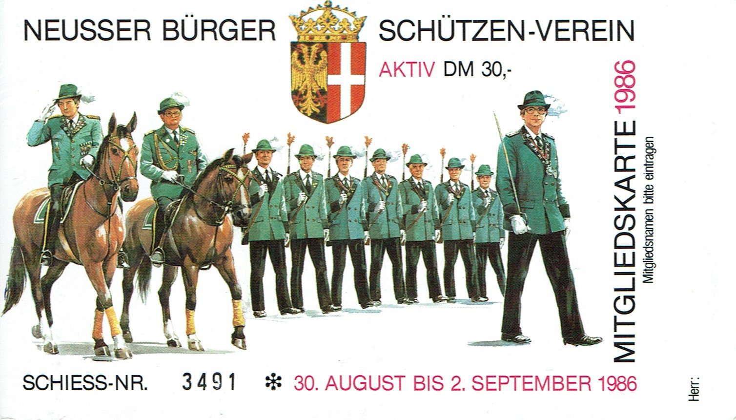 Festkarte Neuss 1986 (aktiv) VS (Rheinisches Schützenmuseum Neuss CC BY-NC-SA)