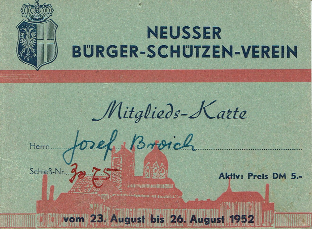 Festkarte Neuss 1952 (aktiv) VS (Rheinisches Schützenmuseum Neuss CC BY-NC-SA)