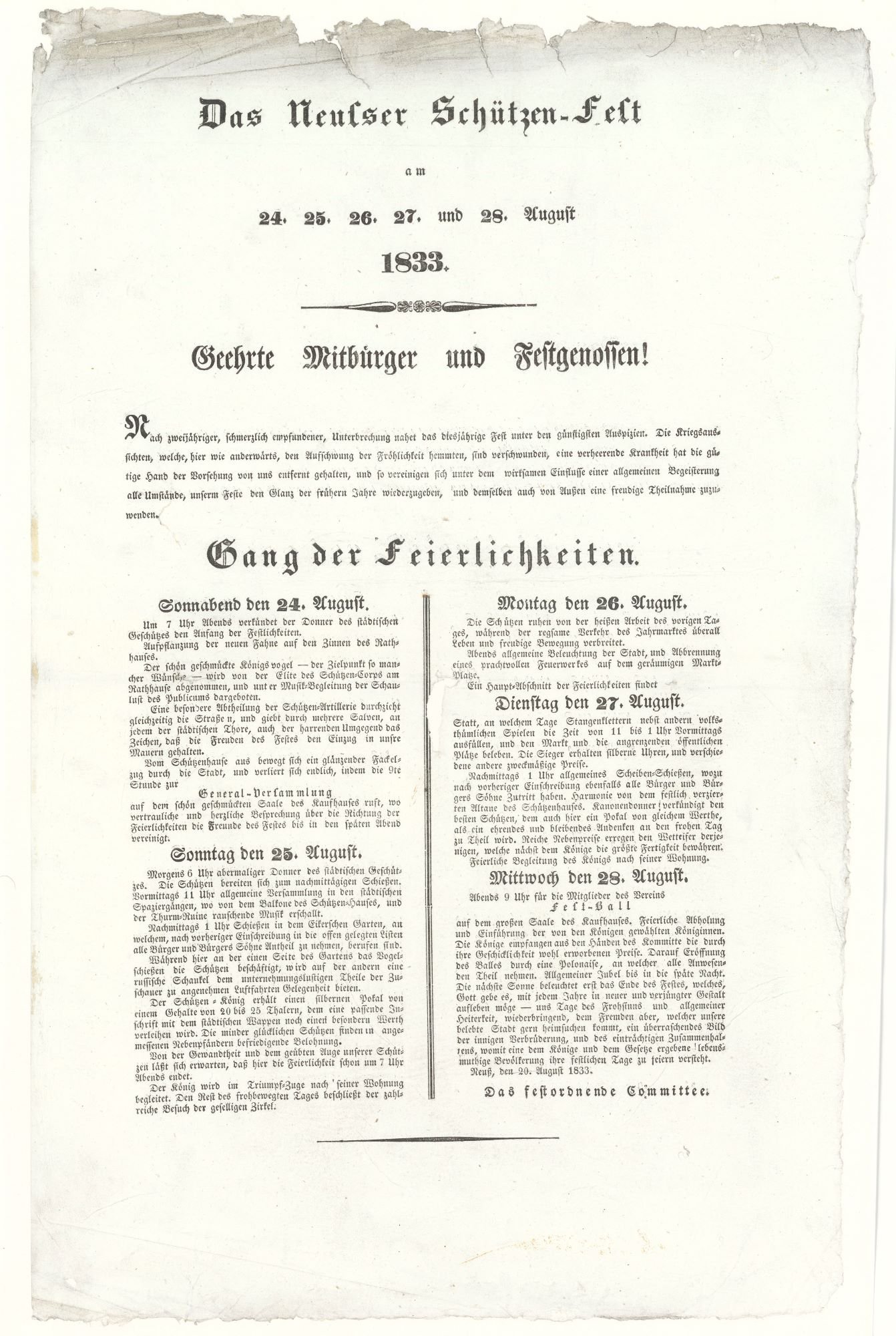 Festplakat Neusser Schützenfest von 1833 (Rheinisches Schützenmuseum Neuss CC BY-NC-SA)
