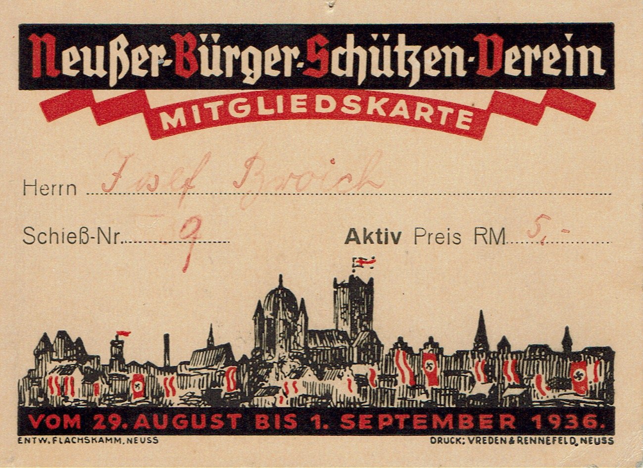 Festkarte Neuss 1936 (aktiv) VS (Rheinisches Schützenmuseum Neuss CC BY-NC-SA)