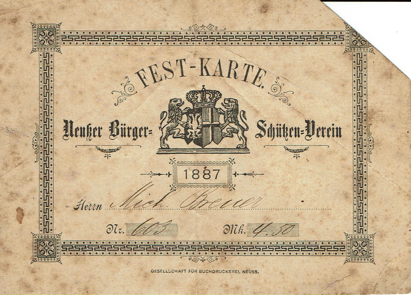 Festkarte Neuss 1887 (Rheinisches Schützenmuseum Neuss CC BY-NC-SA)
