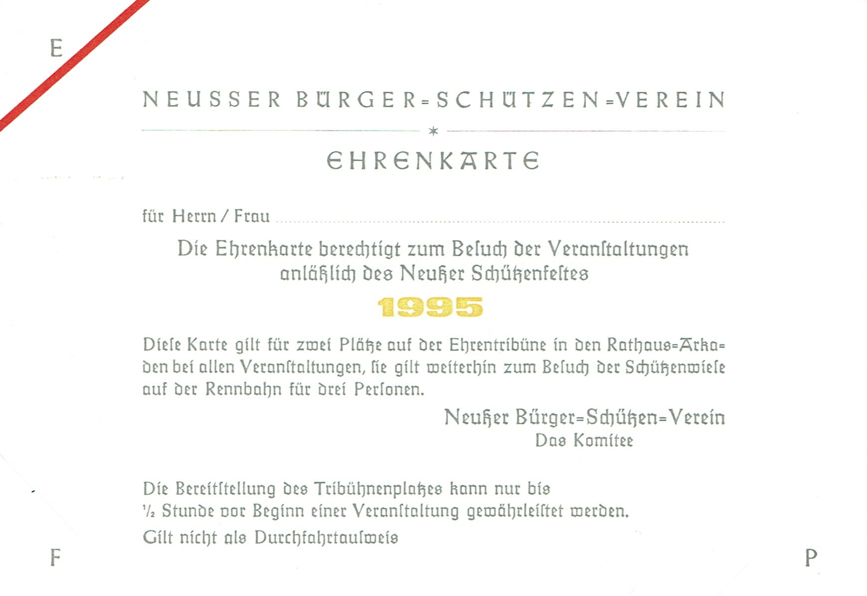 Eintrittskarte Neuss 1995 (Rheinisches Schützenmuseum Neuss CC BY-NC-SA)