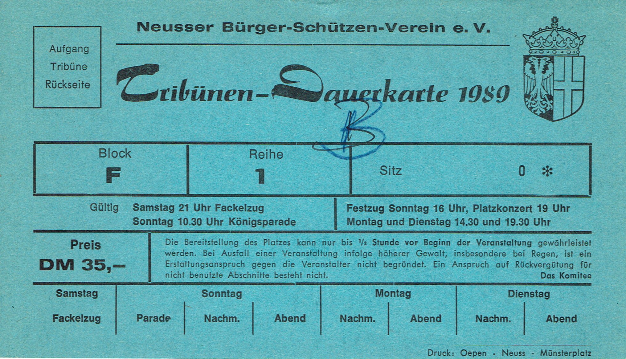 Tribünenkarte Neuss 1989 (Dauerkarte) VS (Rheinisches Schützenmuseum Neuss CC BY-NC-SA)