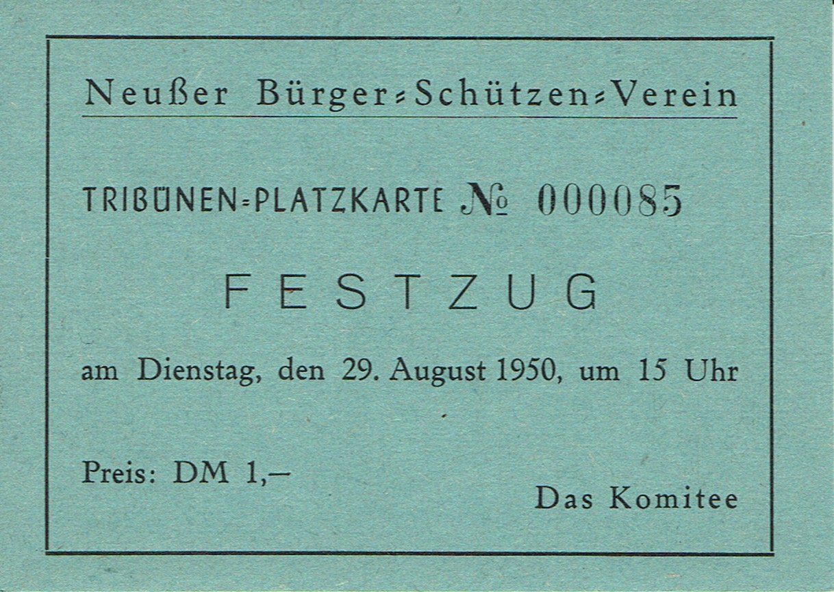 Tribünenkarte Neuss 1950 (Dienstagnachmittag) VS (Rheinisches Schützenmuseum Neuss CC BY-NC-SA)