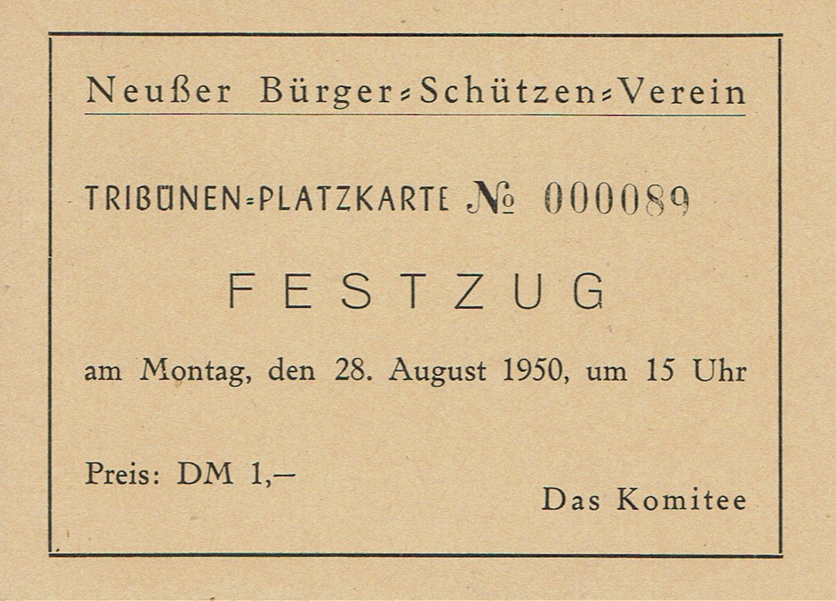 Platzkarte Neuss 1950 (Montag) VS (Rheinisches Schützenmuseum Neuss CC BY-NC-SA)