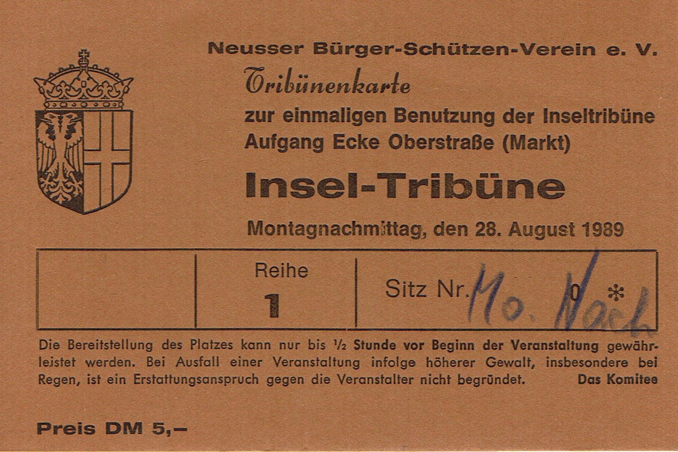 Tribünenkarte Neuss 1989 (Montagnachmittag) VS (Rheinisches Schützenmuseum Neuss CC BY-NC-SA)