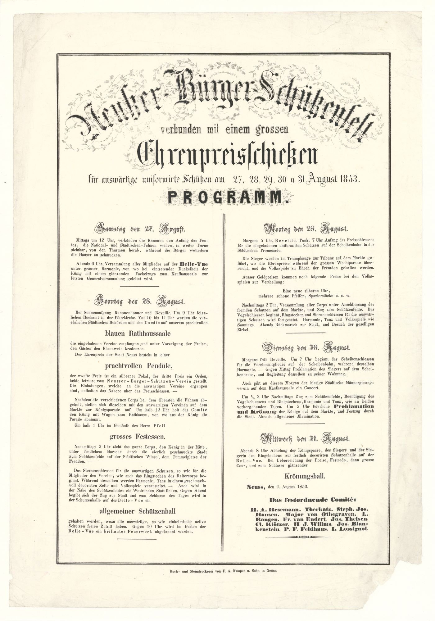 Festplakat Schützenfest Neuss 1853 (Rheinisches Schützenmuseum Neuss CC BY-NC-SA)