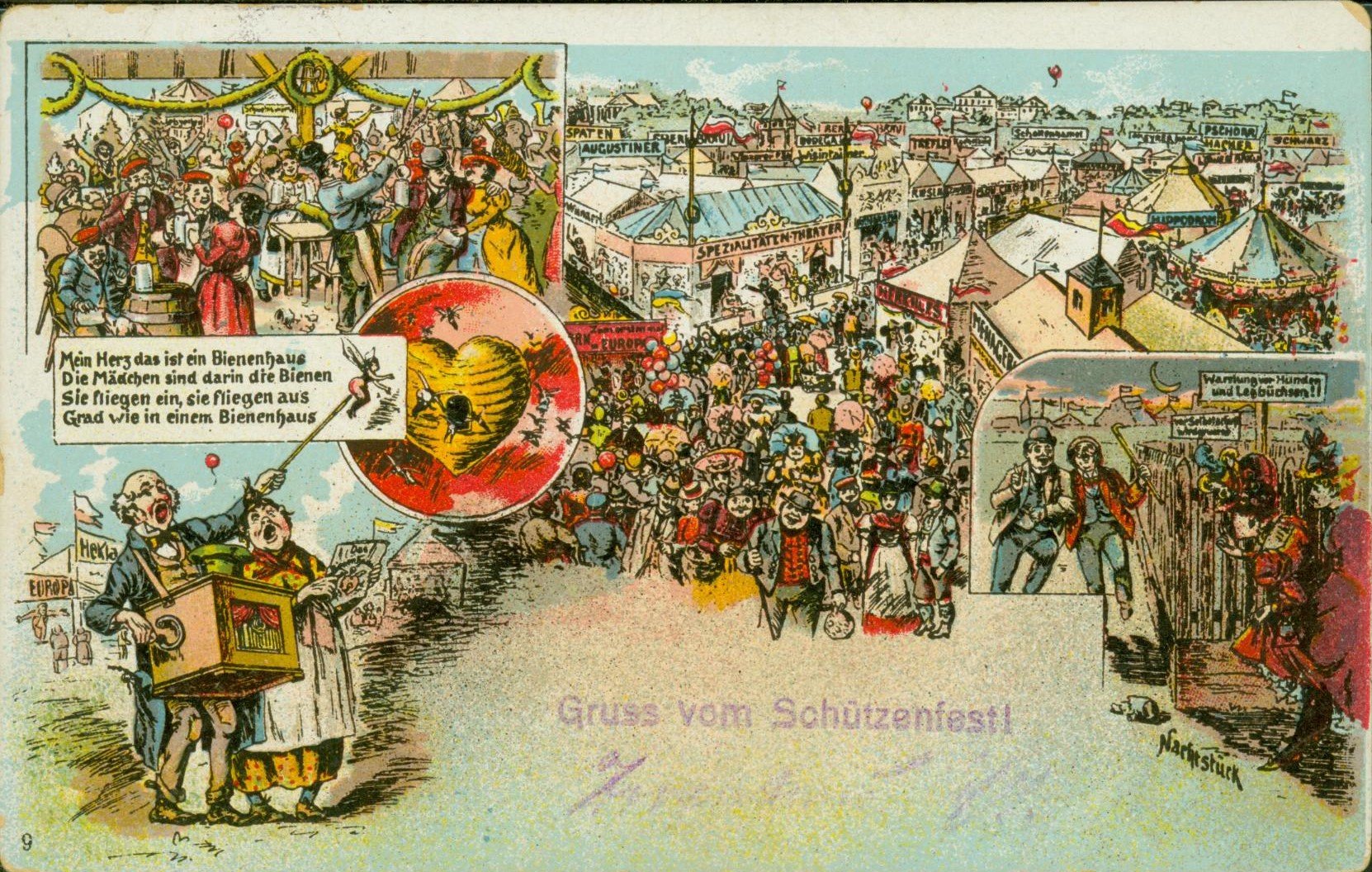 Postkarte "Gruß vom Schützenfest/Bienenhaus", 1913 VS (Rheinisches Schützenmuseum Neuss CC BY-NC-SA)