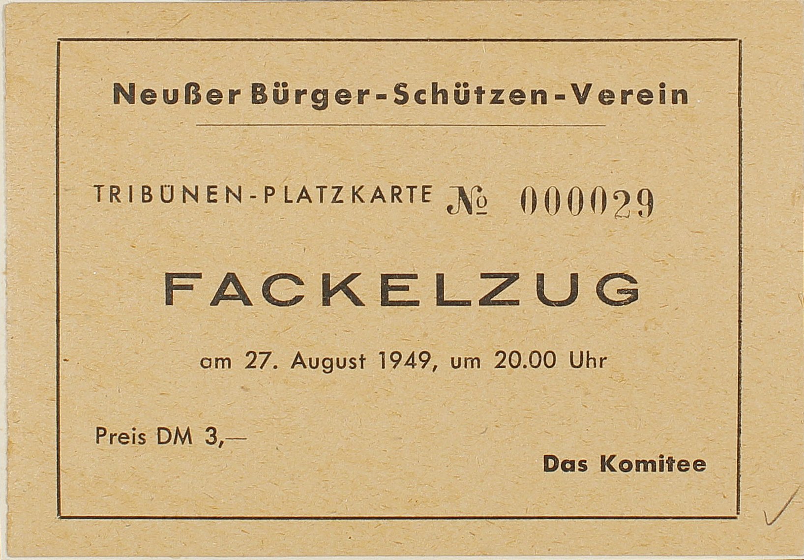 Platzkarte Neuss 1949 (Fackelzug) VS (Rheinisches Schützenmuseum Neuss CC BY-NC-SA)