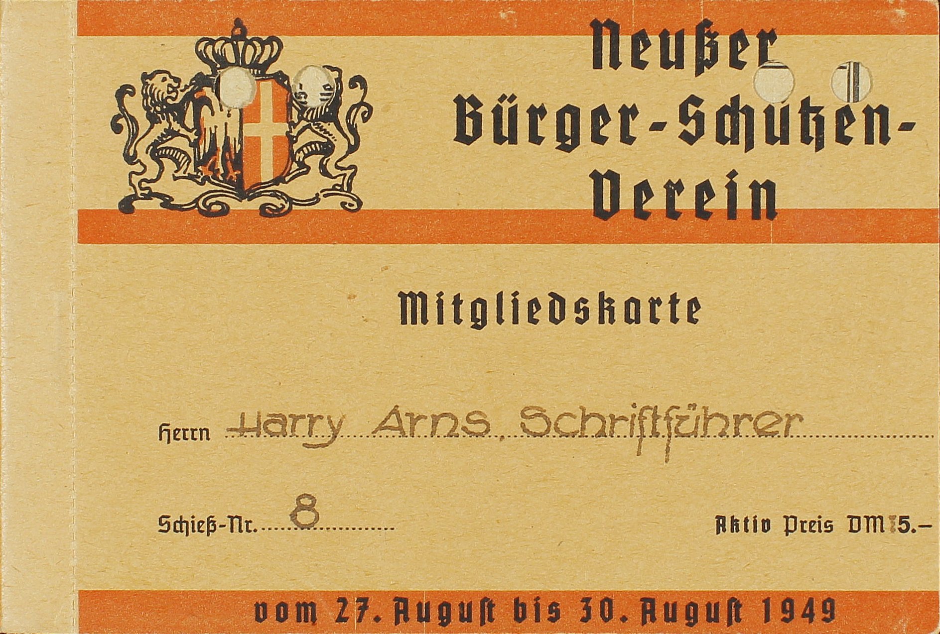 Festkarte Neuss 1949 (aktiv) VS (Rheinisches Schützenmuseum Neuss CC BY-NC-SA)