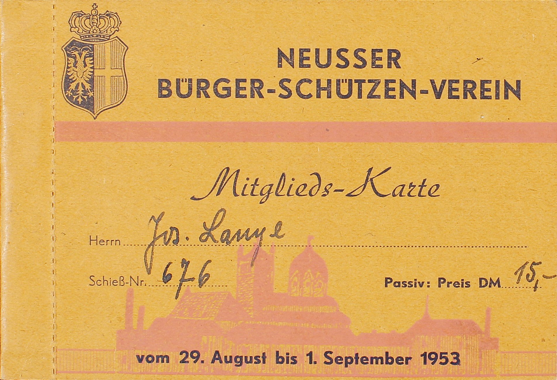 Festkarte Neuss 1953 (passiv) VS (Rheinisches Schützenmuseum Neuss CC BY-NC-SA)