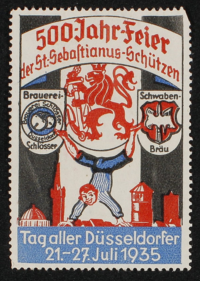Reklarmemarke "Sebastianus Schützen Düsseldorf", 1935 (Rheinisches Schützenmuseum Neuss CC BY-NC-SA)