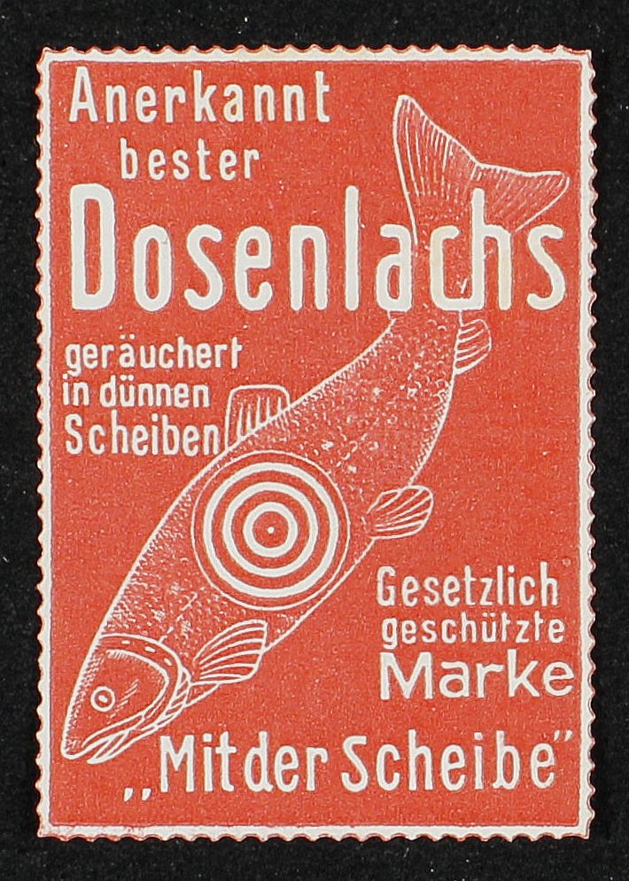 Reklamemarke "Dosenlachs" (Rheinisches Schützenmuseum Neuss CC BY-NC-SA)
