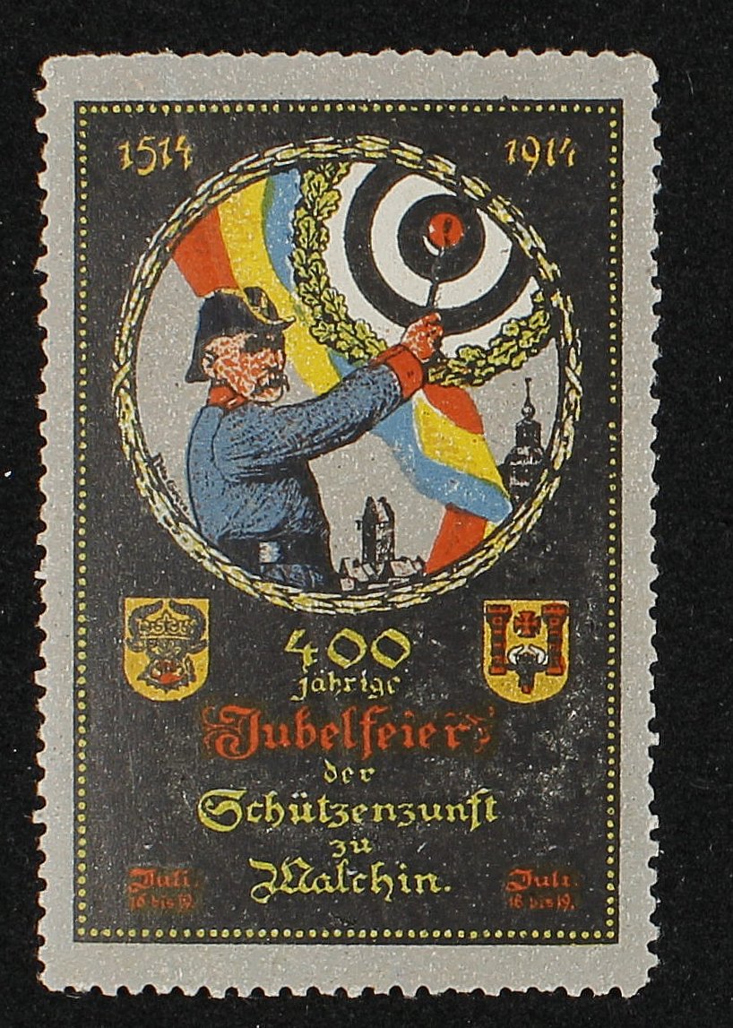 Reklamemarke "Schützenzunft Malchin", 1914 (Rheinisches Schützenmuseum Neuss CC BY-NC-SA)