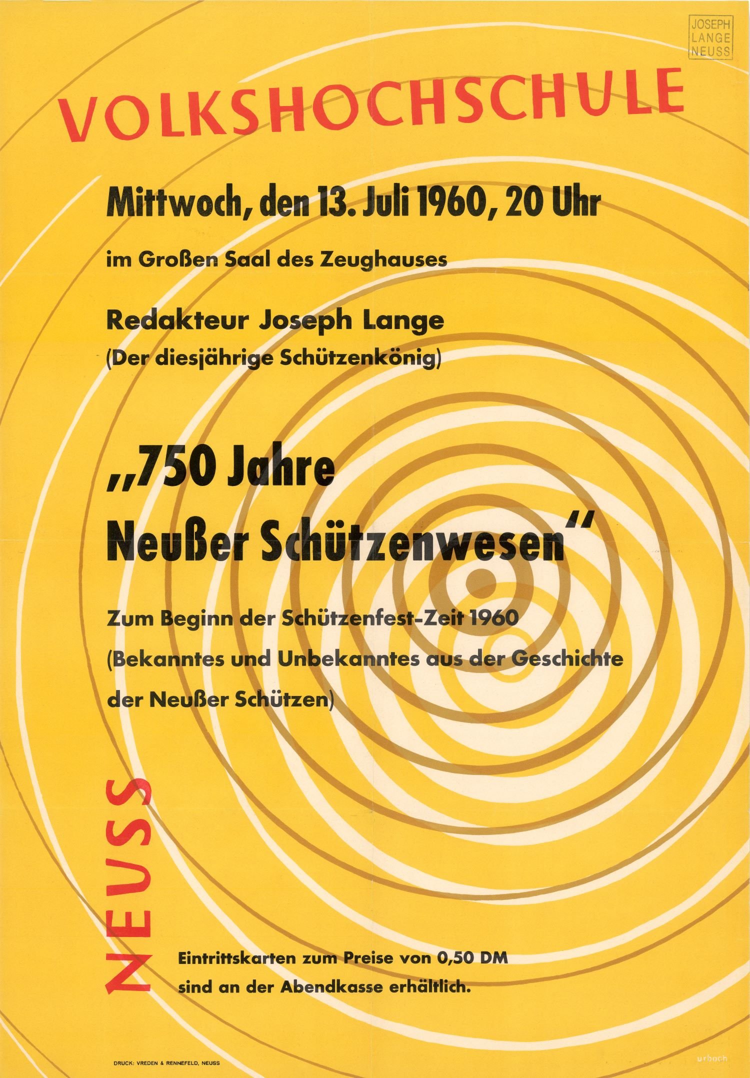 Plakat Vortrag Joseph Lange VHS 1960 (Rheinisches Schützenmuseum Neuss CC BY-NC-SA)