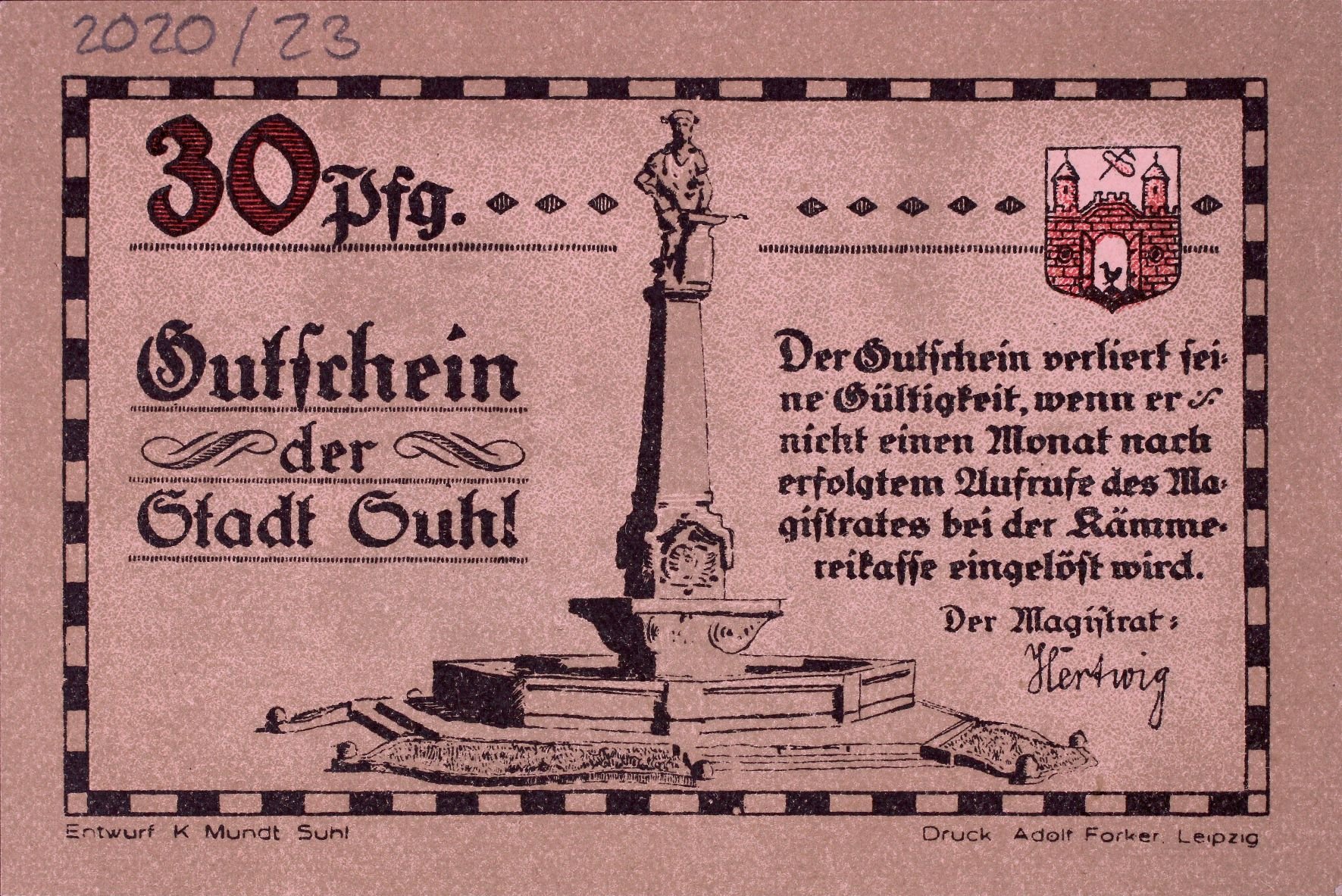 Notgeld Suhl 30 Pfennig VS (Rheinisches Schützenmuseum Neuss CC BY-NC-SA)