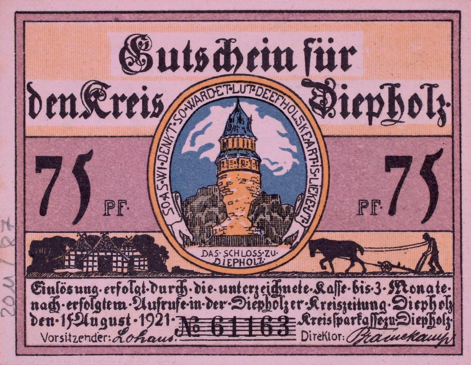 Notgeld Kreis Diepholz 1921 75 Pfennig VS (Rheinisches Schützenmuseum Neuss CC BY-NC-SA)