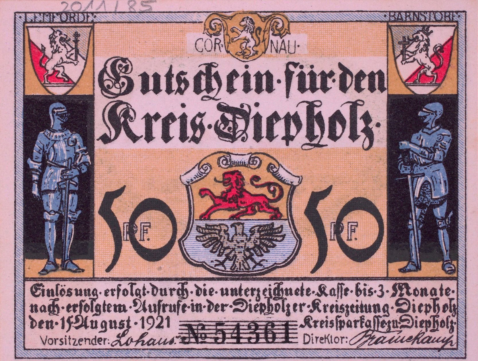 Notgeld Kreis Diepholz 1921 50 Pfennig VS (Rheinisches Schützenmuseum Neuss CC BY-NC-SA)