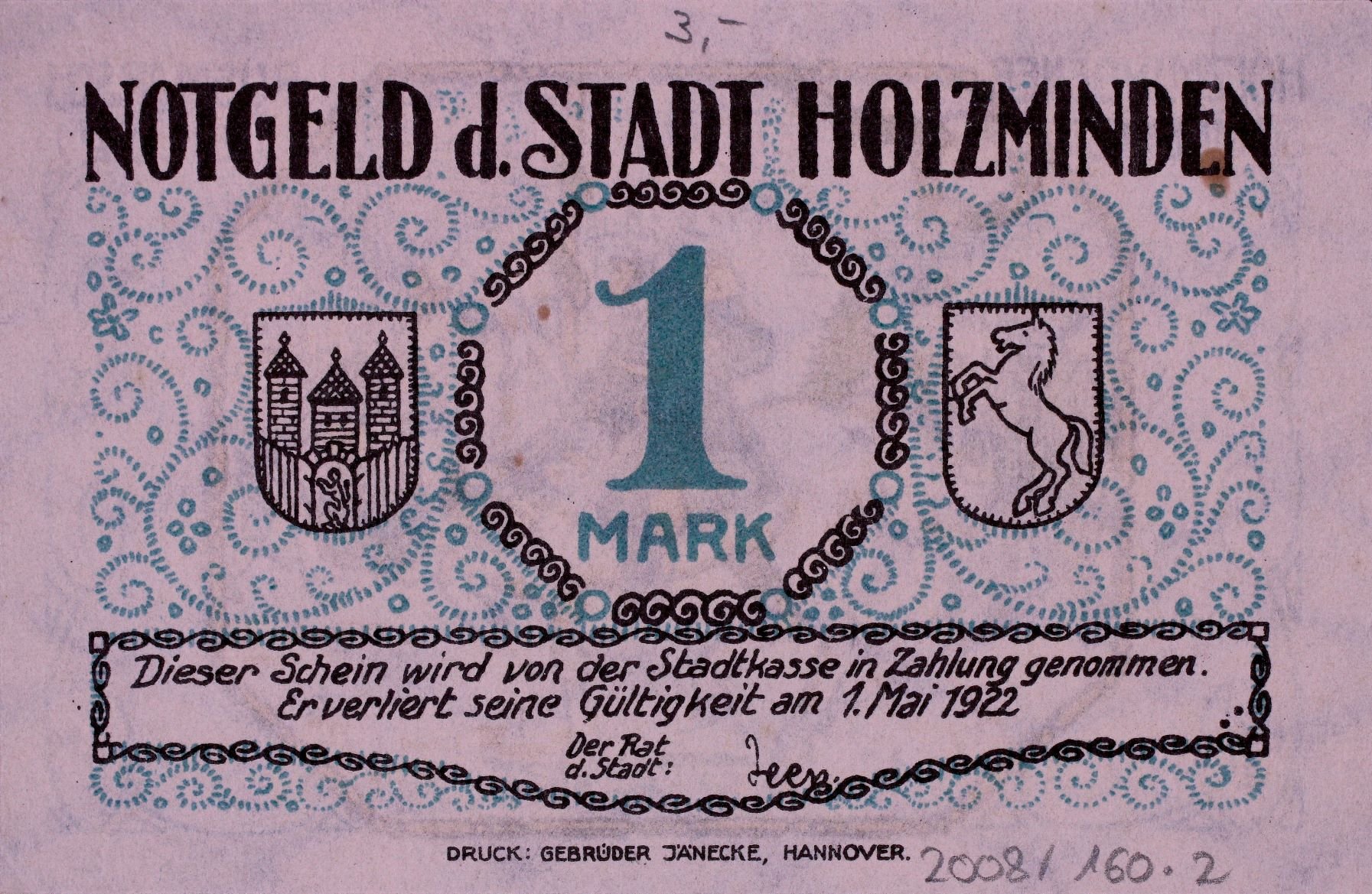 Notgeld der Stadt Holzminden 1922 1 Mark (Rheinisches Schützenmuseum Neuss CC BY-NC-SA)