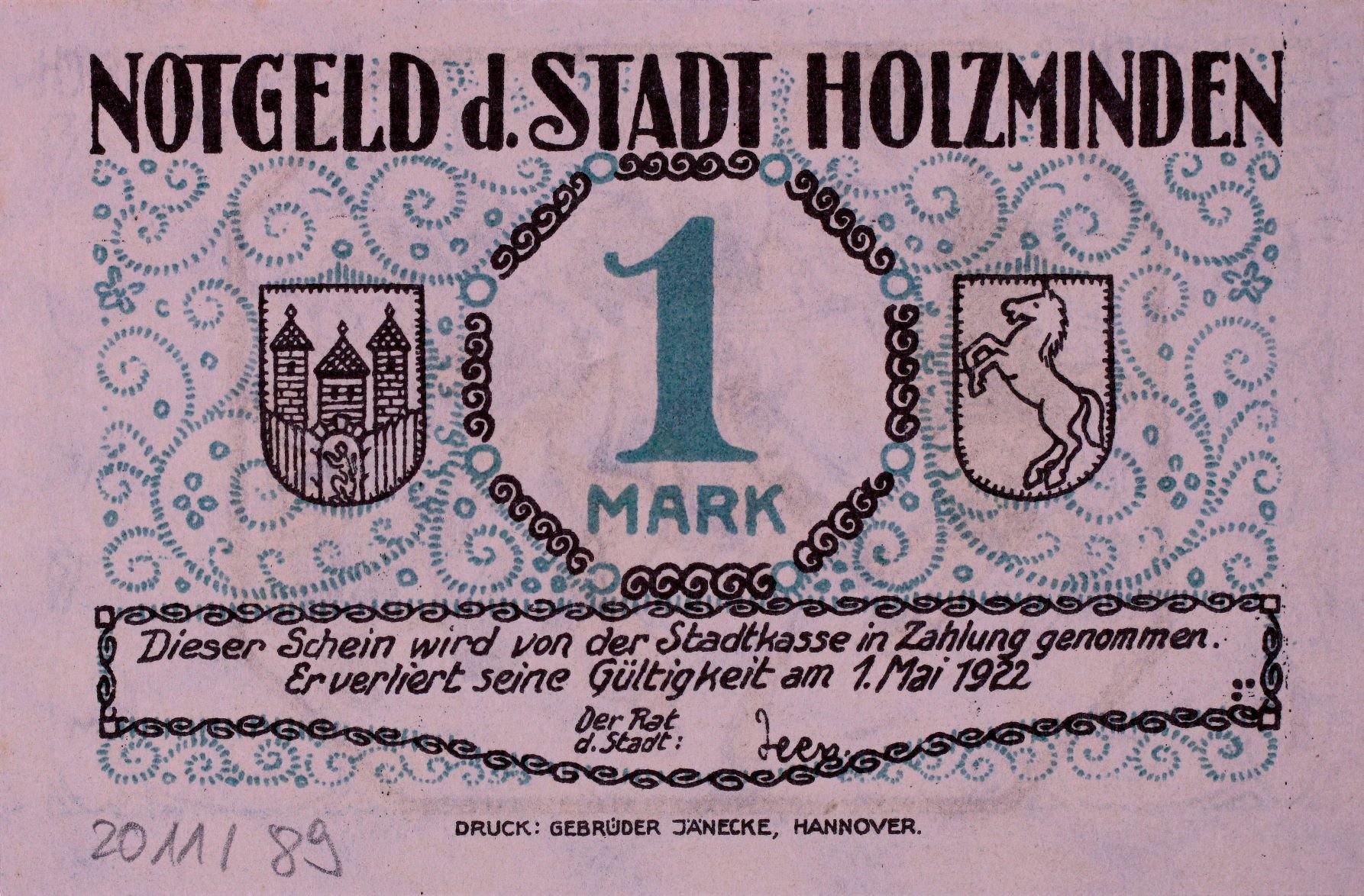 Notgeld der Stadt Holzminden 1922 1 Mark VS (Rheinisches Schützenmuseum Neuss CC BY-NC-SA)