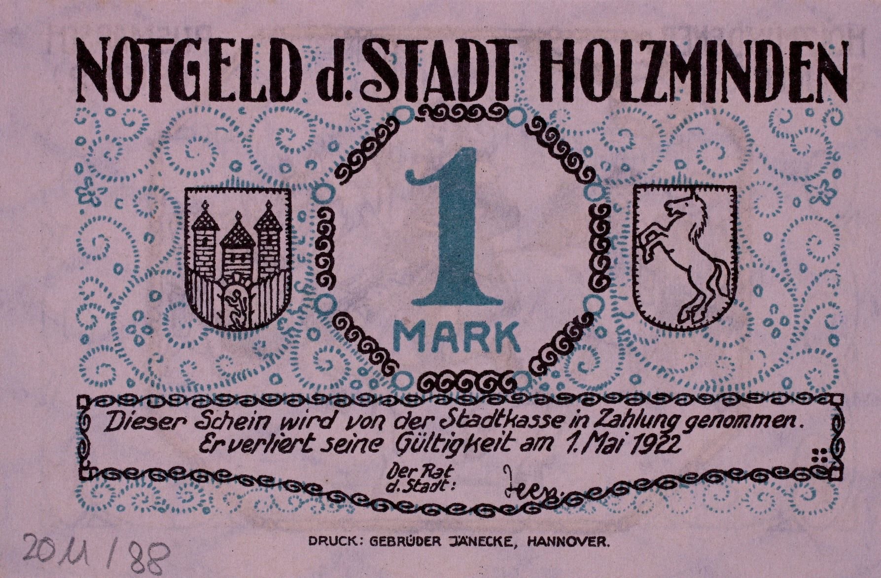 Notgeld der Stadt Holzminden 1922 1 Mark VS (Rheinisches Schützenmuseum Neuss CC BY-NC-SA)