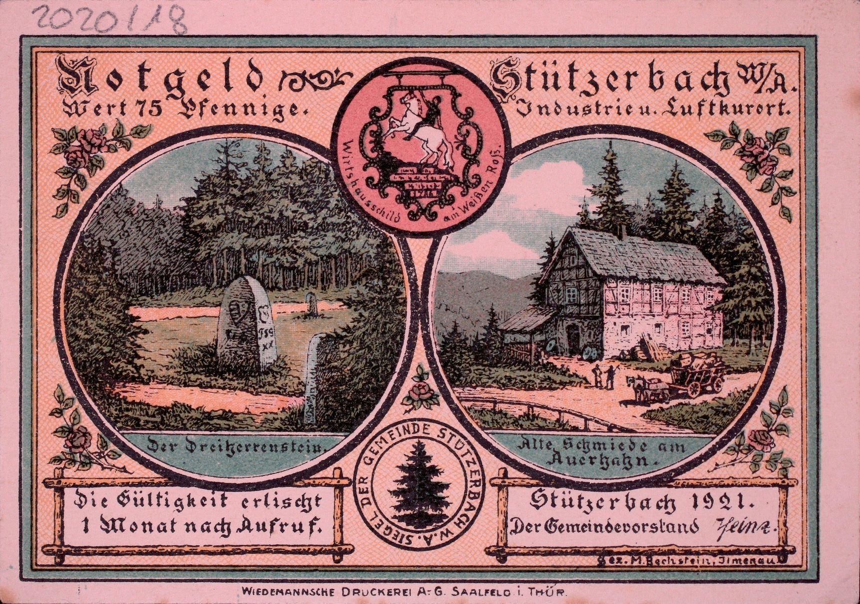 Notgeld der Stadt Stützerbach 1921 75 Pfennig VS (Rheinisches Schützenmuseum Neuss CC BY-NC-SA)