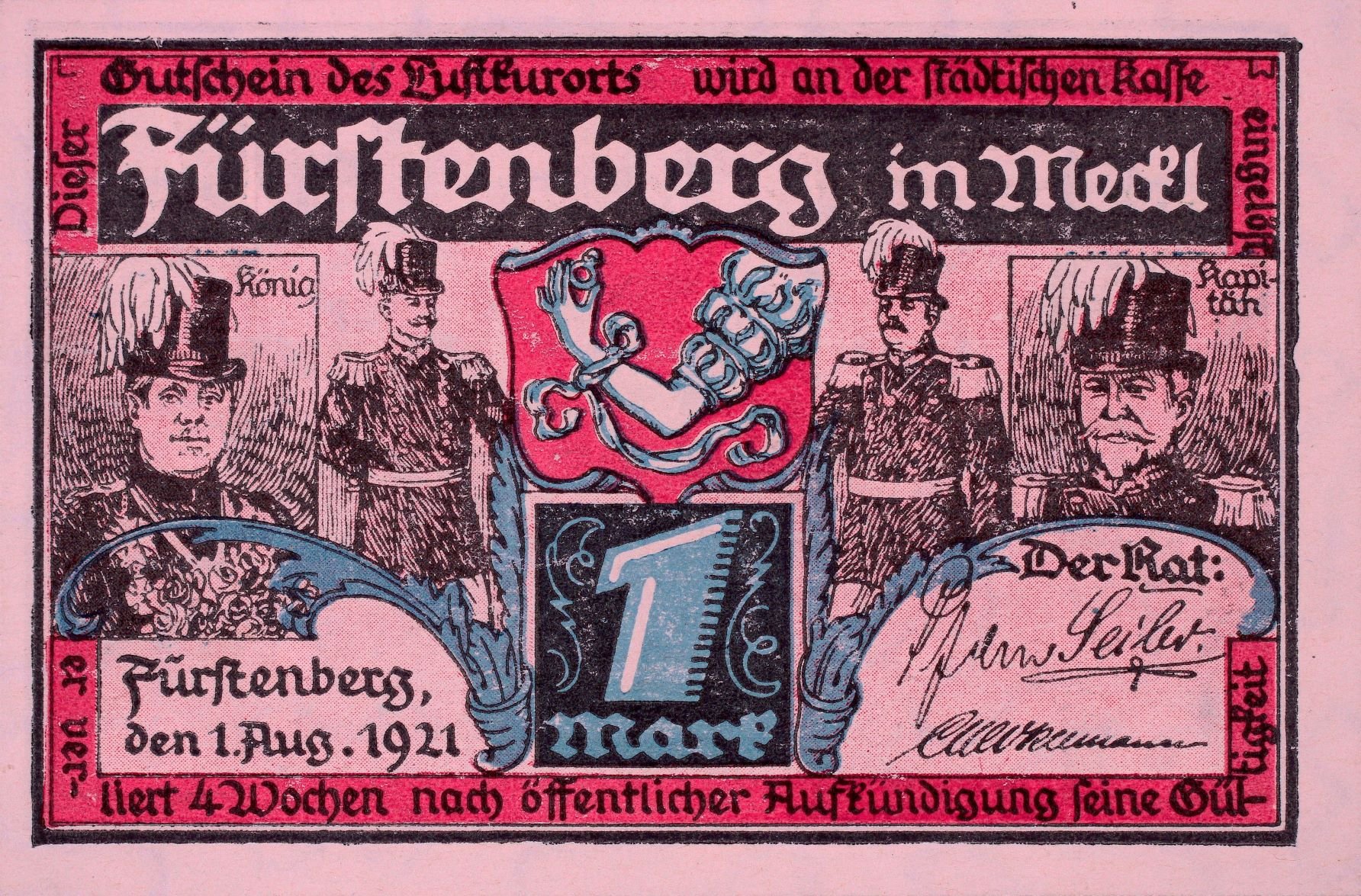 Notgeld der Stadt Fürstenberg 1921 1 Mark VS (Rheinisches Schützenmuseum Neuss CC BY-NC-SA)