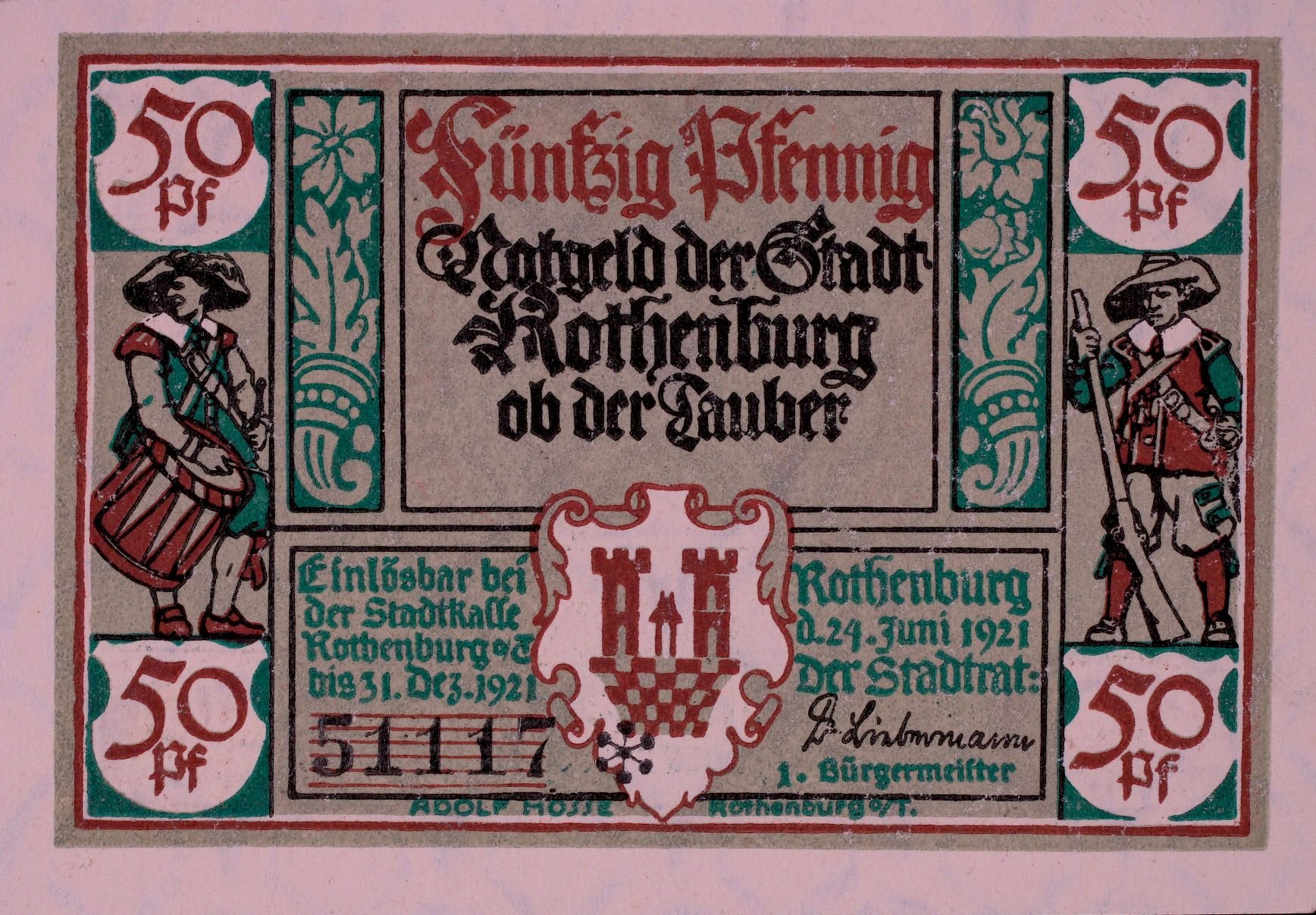 Notgeld der Stadt Rothenburg o.d.T. 1921 50 Pfennig VS (Rheinisches Schützenmuseum Neuss CC BY-NC-SA)