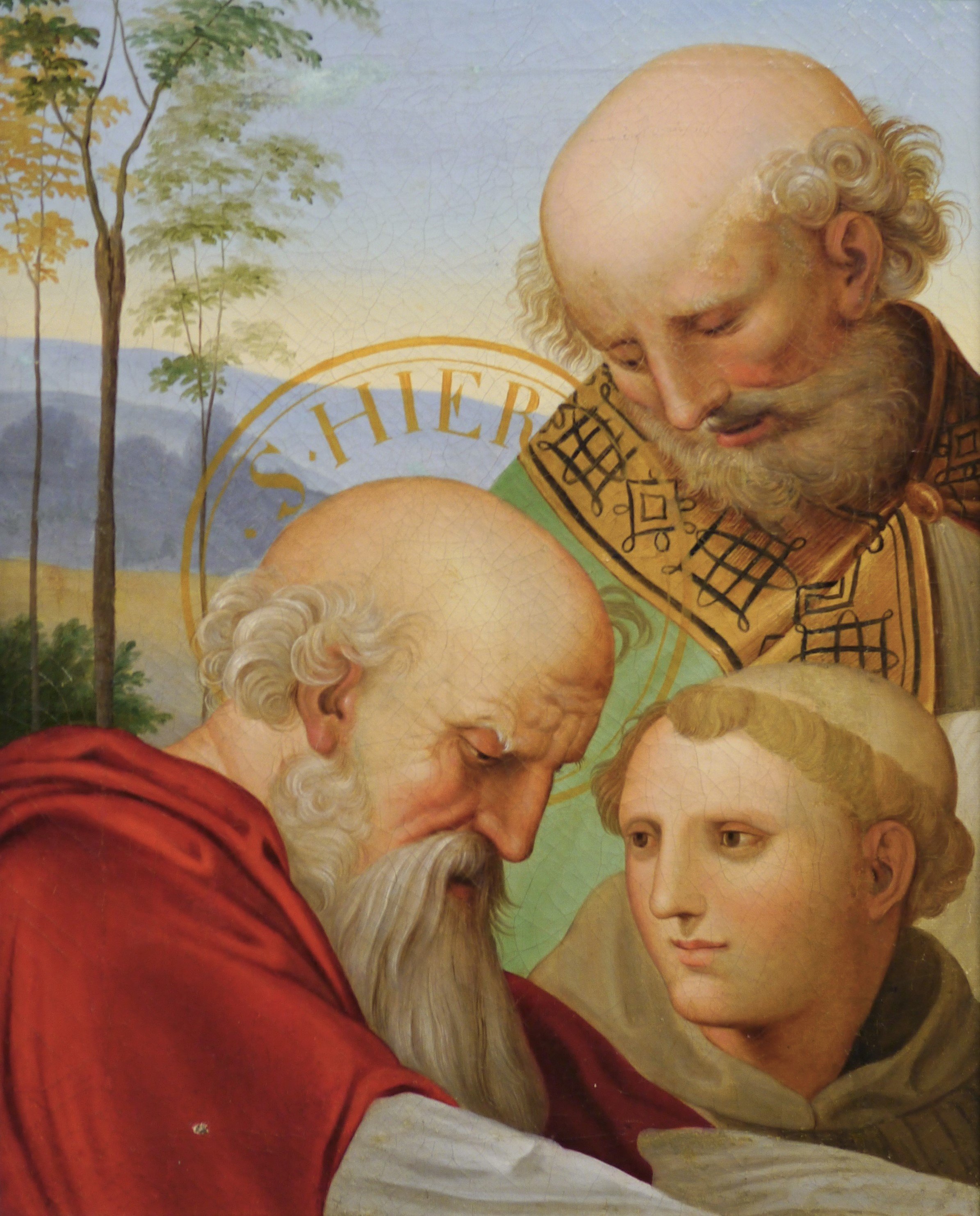 Hl. Hieronymus und zwei Mönche in einer Landschaft (Detail aus Raffaels Disputà) (Stadtmuseum Simeonstift Trier CC BY-NC-ND)